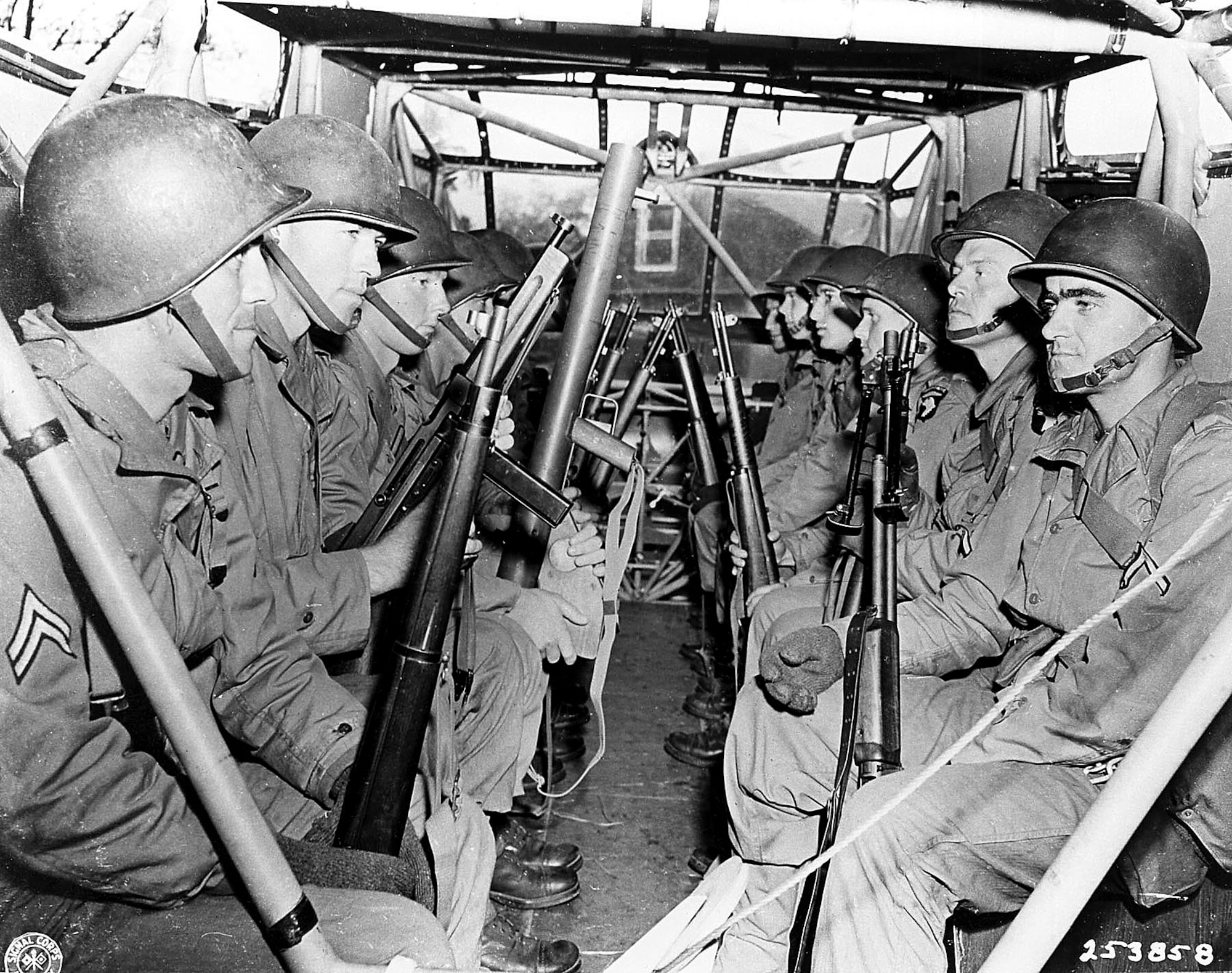 A Waco CG-4A combat assault glider interior. The CG-4A could carry 13 fully- equipped troops plus a pilot and copilot. As a cargo carrier, its capacity was almost 4,000 pounds. Used late in the war, gliders were generally considered expendable in combat and few efforts were made to retrieve them. (U.S. Air Force photo)