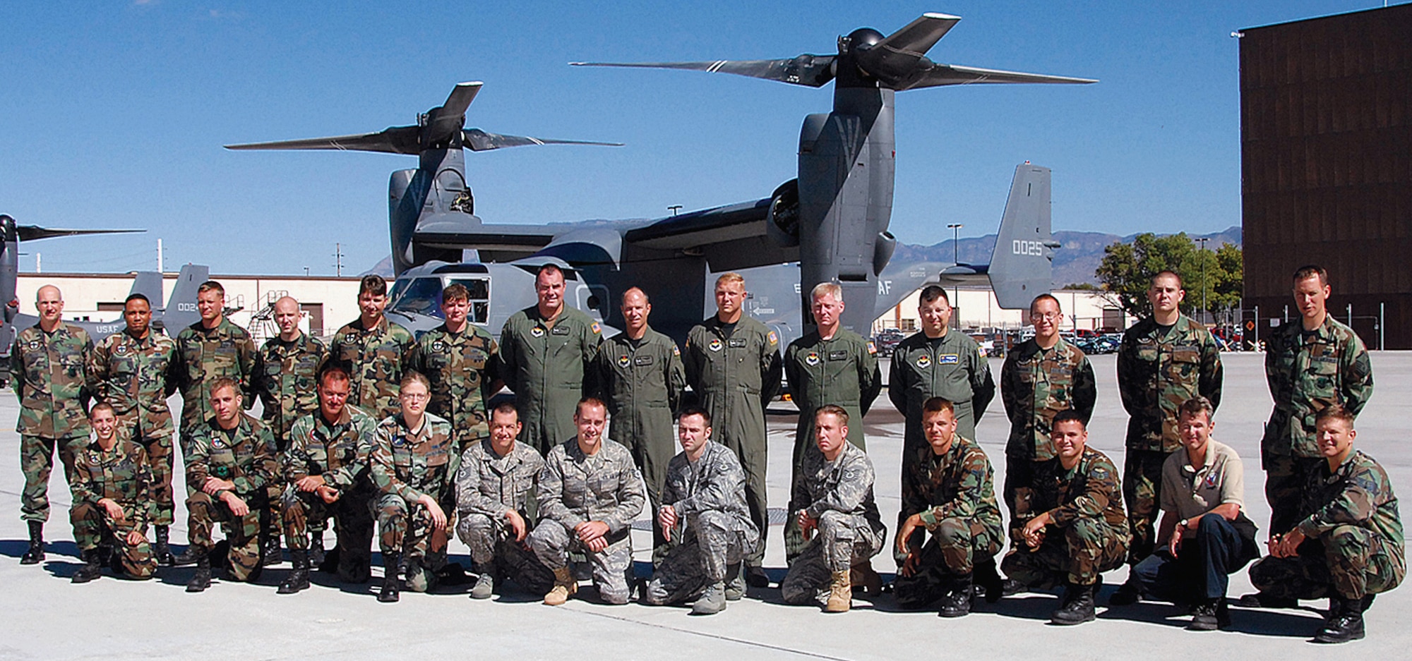 CV-22 Osprey SAR crew from left, back row: Chief Master Sgt. Eric Miller, Capt. Daryl Bethelmy, Staff Sgt. James Campbell, Staff Sgt. Gregory Dove, Master Sgt Dennis Dean, Senior Airman Steven Anders, Tech. Sgt. Leon Petersen, Lt. Col Mike Duffy, Staff Sgt. Jeremy Hoye, Capt. Scott Gwin, Maj. Steve Kline, Senior Airman Anthony Witman, Airman 1st Class Scott Schultz, and Master Sgt. Erik Halverson. From left, front row: Senior Airman Joshua Hornberger, Senior Sgt. Jamin Cooke, Tech. Sgt. Kenneth Santos, Senior Airman Amanda Williams, Tech. Sgt Adam Johnson, Staff Sgt. David Harter, Staff Sgt. Ryan Phillips, Tech. Sgt. Eric Granzberg, Airman 1st Class James King, Senior Airman Stephen Villanella, Mr. Marty Kendrex, and Senior Master Sgt. Scott Eatmon. U.S. Air Force photo by Todd Berenger