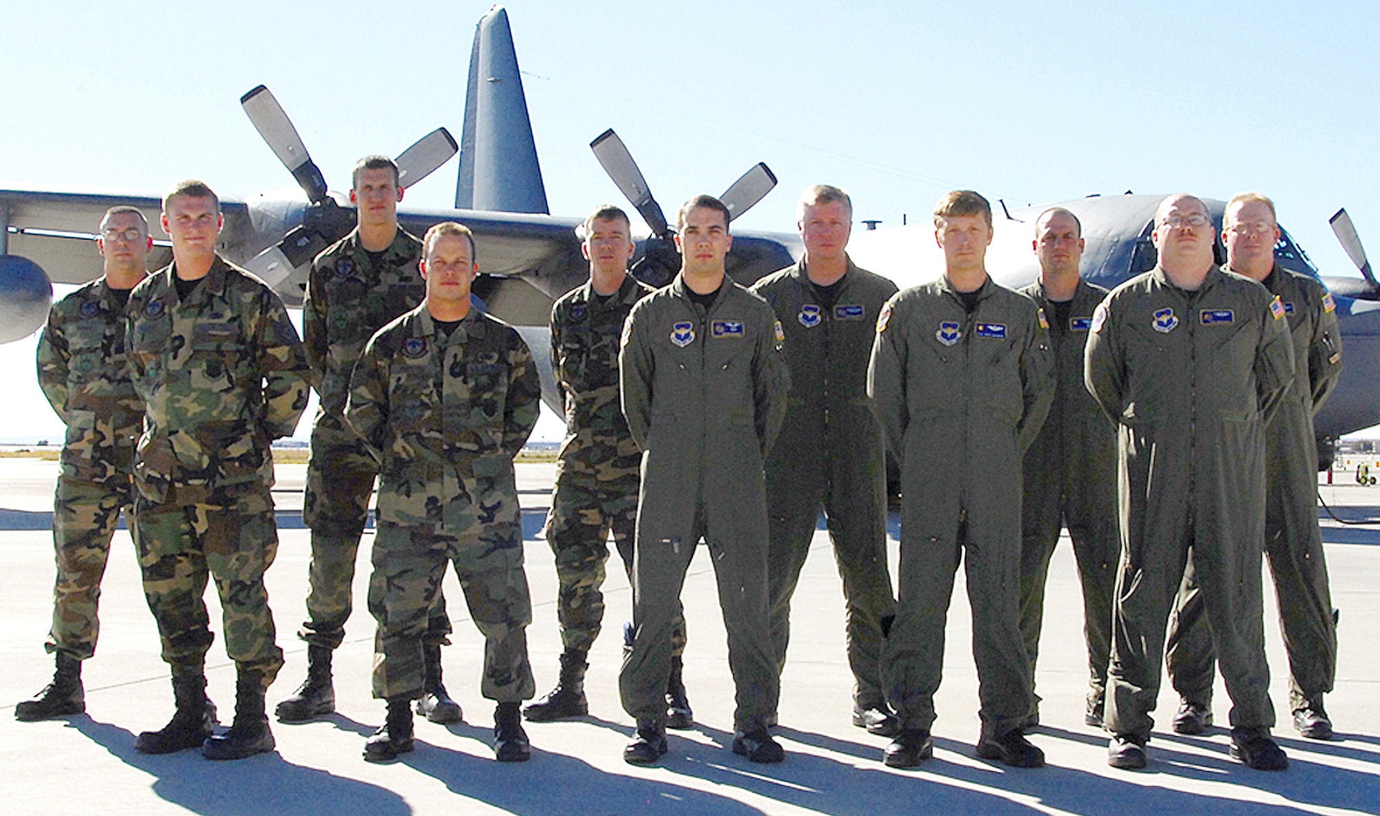 MC-130 crew from left, back row, Senior Airman Ryan Pollard, Airman 1st-Class Dustin Neal, Staff Sgt. Chris Fuerst, Maj. Sid Bridge, Maj. Derick Steed, and Capt. Dave McElwee. From left, front row, Tech. Sgt. Nicholas Burnett, Staff Sgt. Scott Priputen, Capt. Kevin Bishop, Tech. Sgt. Brad Hardman, and Staff Sgt. Josh Sharratt. Not pictured, Tech. Sgt. Christopher Walters, Tech. Sgt. Christopher Langston, Airman 1st-Class Bryan Newton and Senior Airman Nathan Schuler. U.S. Air Force photo by Todd Berenger