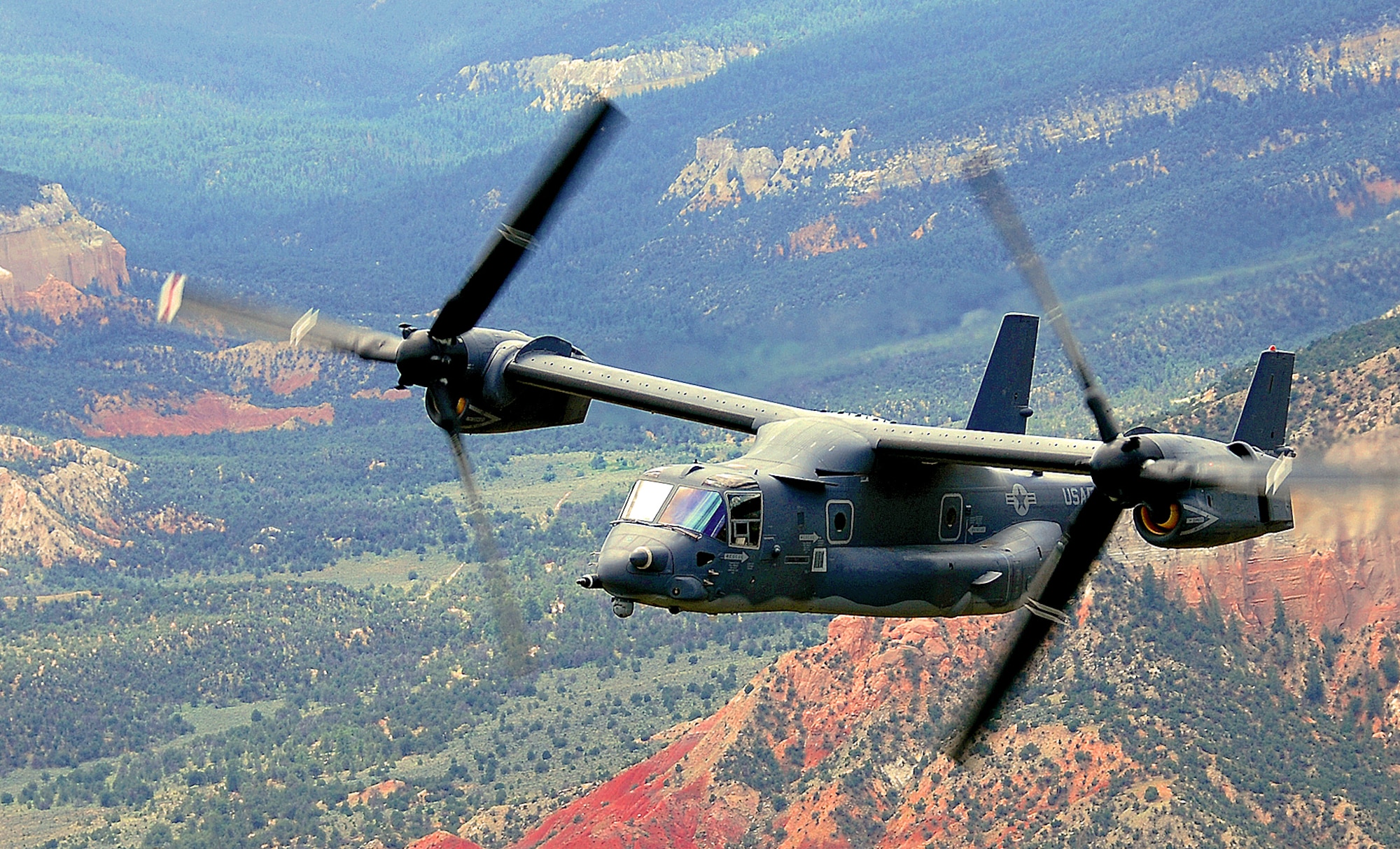 A CV-22 Osprey aircraft flys over the New Mexico/Colorado mountains on a training mission. The aircraft participated in its first search and rescue mission on Oct. 5. U.S. Air Force photo by Staff Sgt. Markus Maier