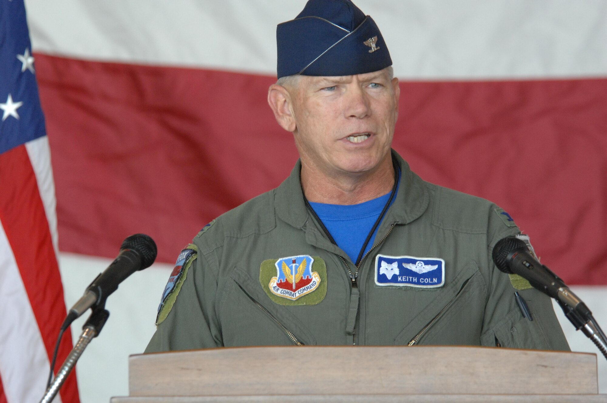 MCENTIRE JOINT NATIONAL GUARD BASE, S.C. -- Colonel Keith Coln, 169th Fighter Wing commander speaks during the Memorandum of Understanding ceremony October 13, 2007. The memorandum is the document which details the support provided by Shaw to McEntire which includes pilots and maintenance personnel. (U.S. Air Force photo/Staff Sgt. Josef E Cole III)