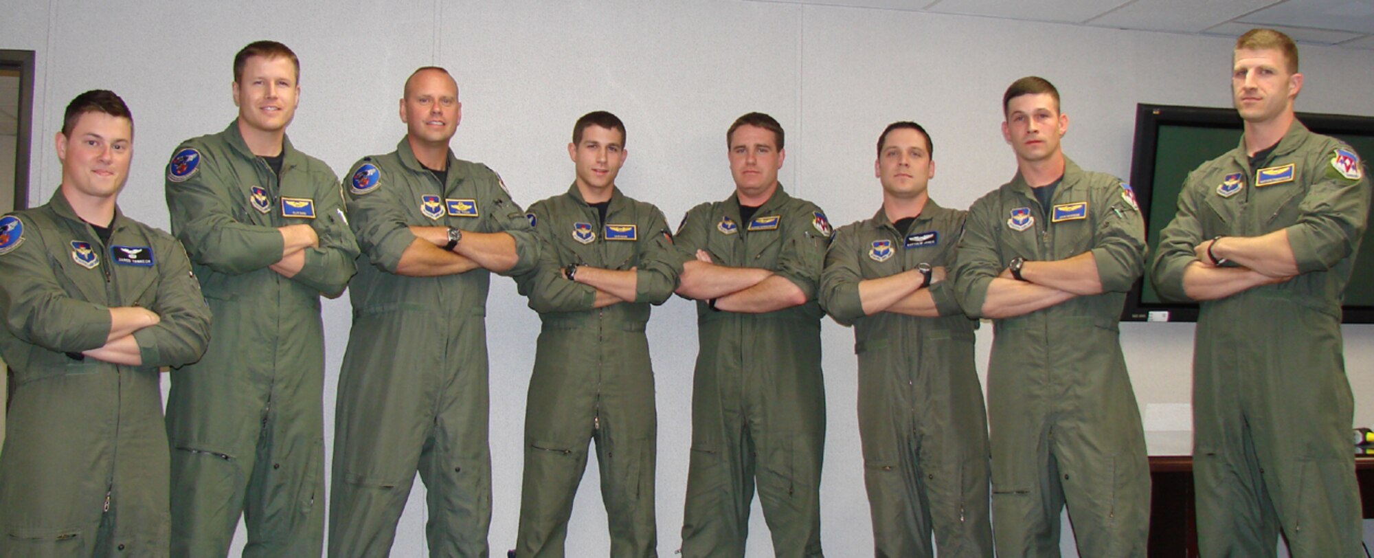 Lt. Col. Tom Tyson, 3rd Flying Training Squadron commander, along with Capt. Nathan Thompson, flight commander, stand with the first six Introduction to Fighter Fundamentals course graduates at Vance Air Force Base. From left to right: 1st Lt. Jared Yankech, 1st Lt. Clay Bird, Colonel Tyson, 1st Lt. Dan Naim, 1st Lt. Jerrod Sonderman, 2nd Lt. Matt Jones, 1st Lt. John Newman and CaptainThompson. (U.S. Air Force photo by 2nd Lt. Agneta Murnan)