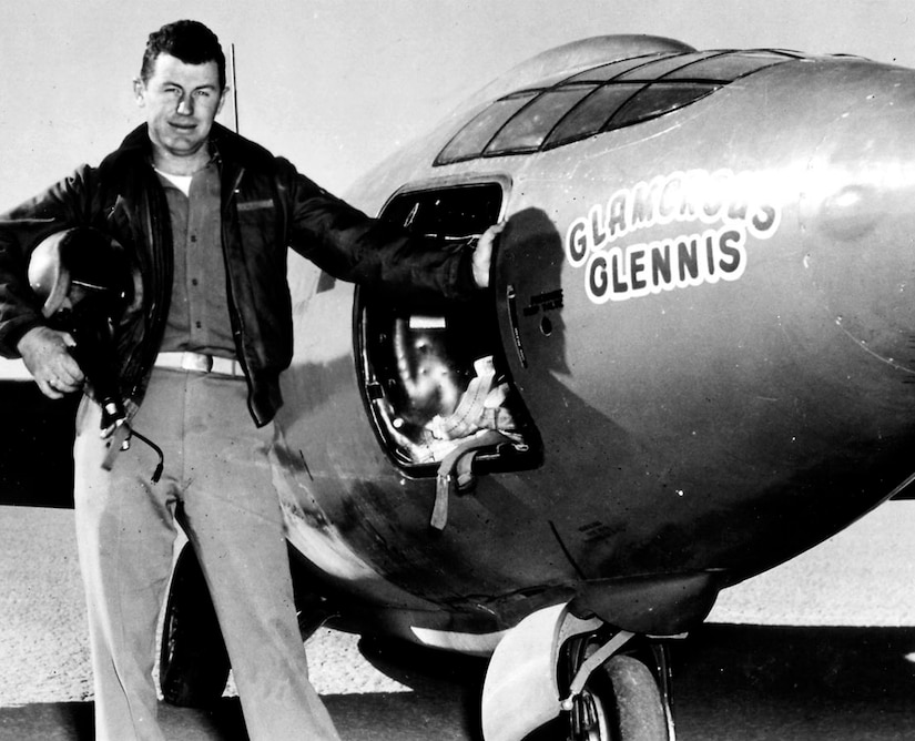 Then Captain Yeager stands with his aircraft "Glamorous Glennis" (Courtesy Photo)