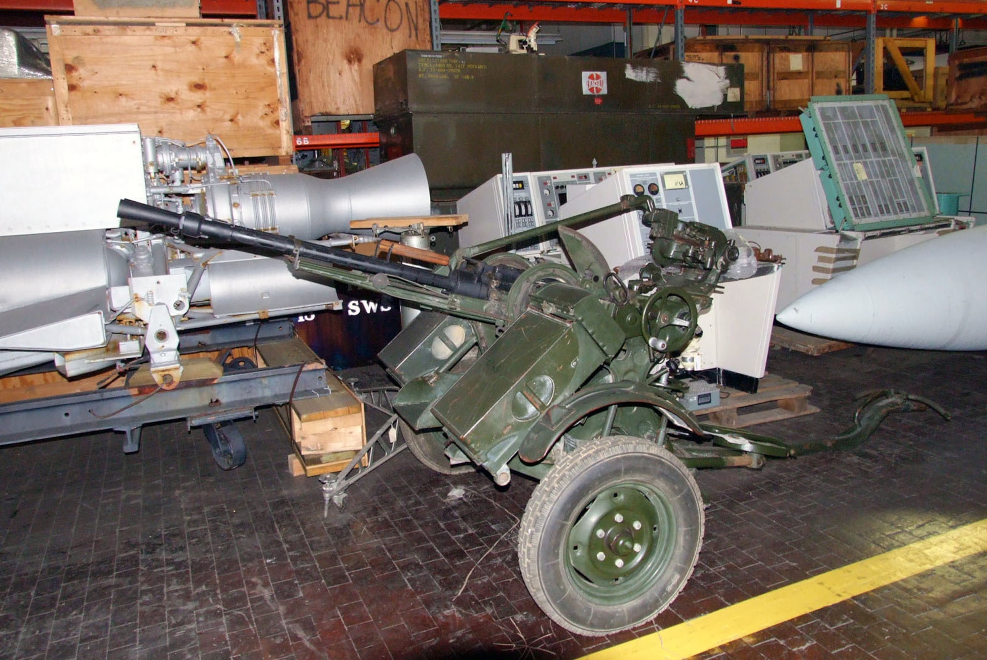 This Soviet-built ZPU-2 14.5mm anti-aircraft gun was captured by Allied forces during Operation Desert Storm. It is composed of two KPV 14.5mm heavy machine guns mounted on a two-wheeled carriage for mobility. Each gun is capable of firing 600 rounds per minute. Note the battle damage bullet holes on the lower part of the gun mount. (U.S. Air Force photo)