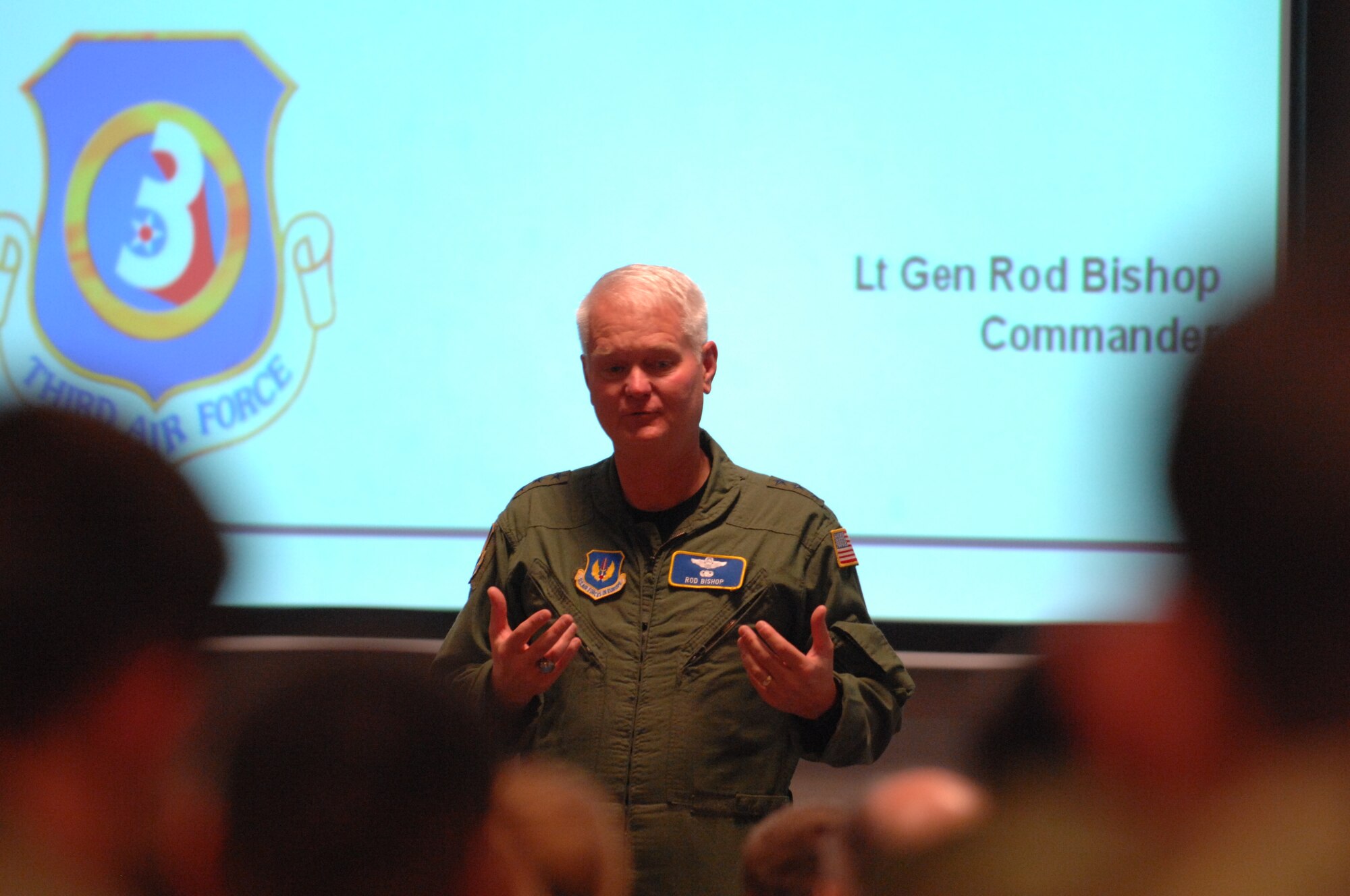 Lt. Gen. Robert Bishop, 3rd Air Force commander, speaks with Liberty warriors about safety, Oct. 16 in the Strike Eagle complex auditorium. Chief Master Sgt. Marin Klukas, 3rd Air Force command chief master sergeant , also, made the trip to England. (U.S. Air Force photo by Airman 1st Class John Easterling)