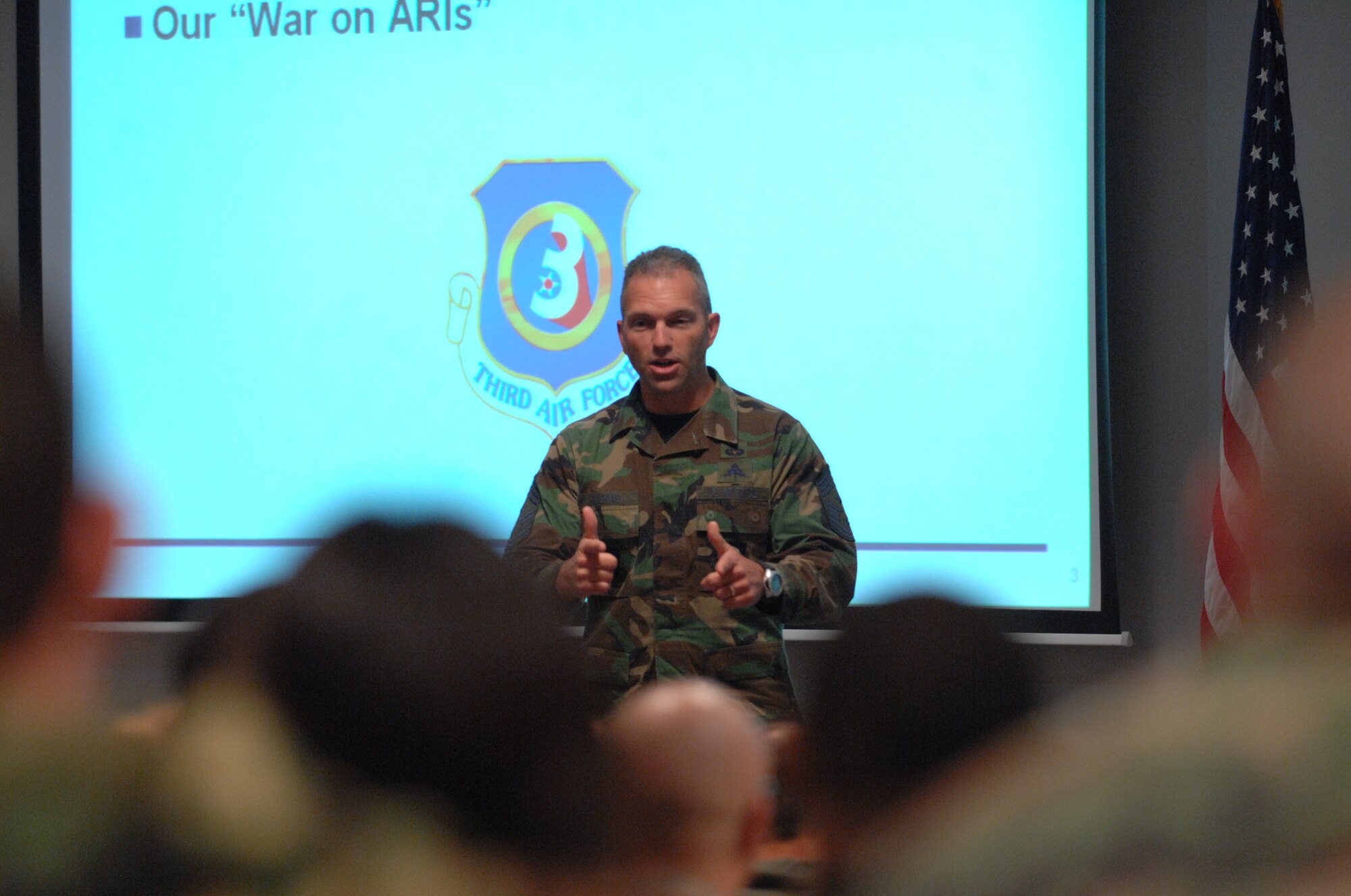 Chief Master Sgt. Marin Klukas, 3rd Air Force command chief master sergeant speaks with Liberty warriors about safety, Oct. 16 in the Strike Eagle complex auditorium. Lt. Gen. Robert Bishop, 3rd Air Force commander, also, made the trip to England. (U.S. Air Force photo by Airman 1st Class John Easterling)