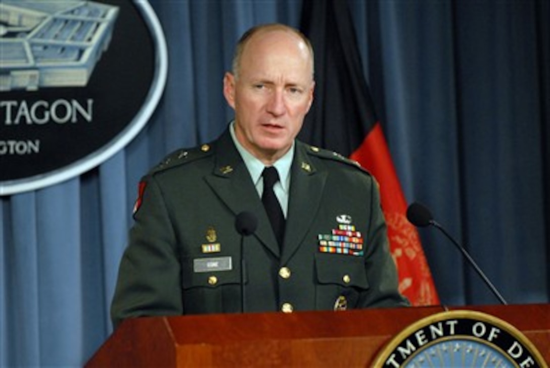 Commanding General of Combined Security Transition Command-Afghanistan Maj. Gen. Robert Cone, U.S. Army, responds to a reporter's question during a briefing in the Pentagon on the ongoing security and training operations in Afghanistan on Oct. 18, 2007.  