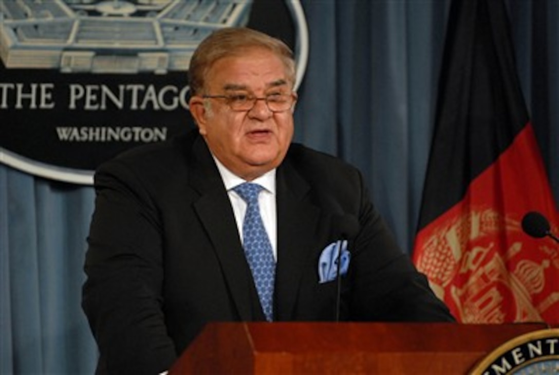 Afghan Minister of Defense Gen. Abdul Rahim Wardak responds to a reporter's question during a briefing in the Pentagon on the ongoing security and training operations in Afghanistan on Oct. 18, 2007.  