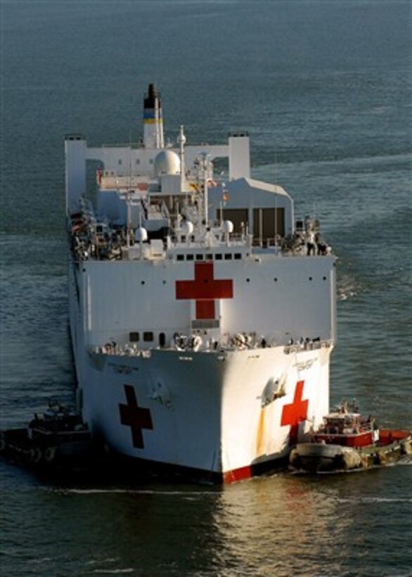 The Military Sealift Command hospital ship USNS Comfort (T-AH 20) arrives at Naval Station Norfolk, Va., on Oct. 15, 2007, after a four-month humanitarian deployment to 12 countries in Latin America and the Caribbean.  