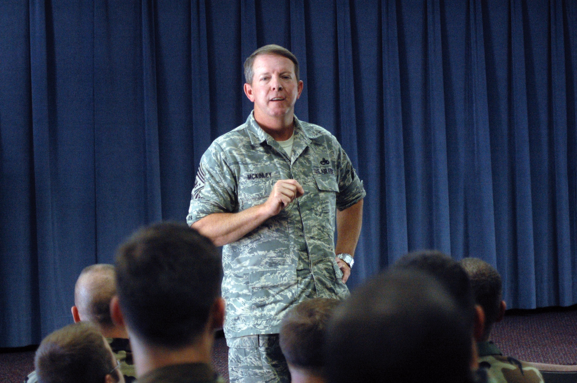 Chief Master Sgt. of the Air Force Rodney J. McKinley addresses Airmen at the Robins NCO Academy as part of the chief's Oct. 11 visit to Robins Air Force Base, Ga. (U.S. Air Force photo/Sue Sapp) 
