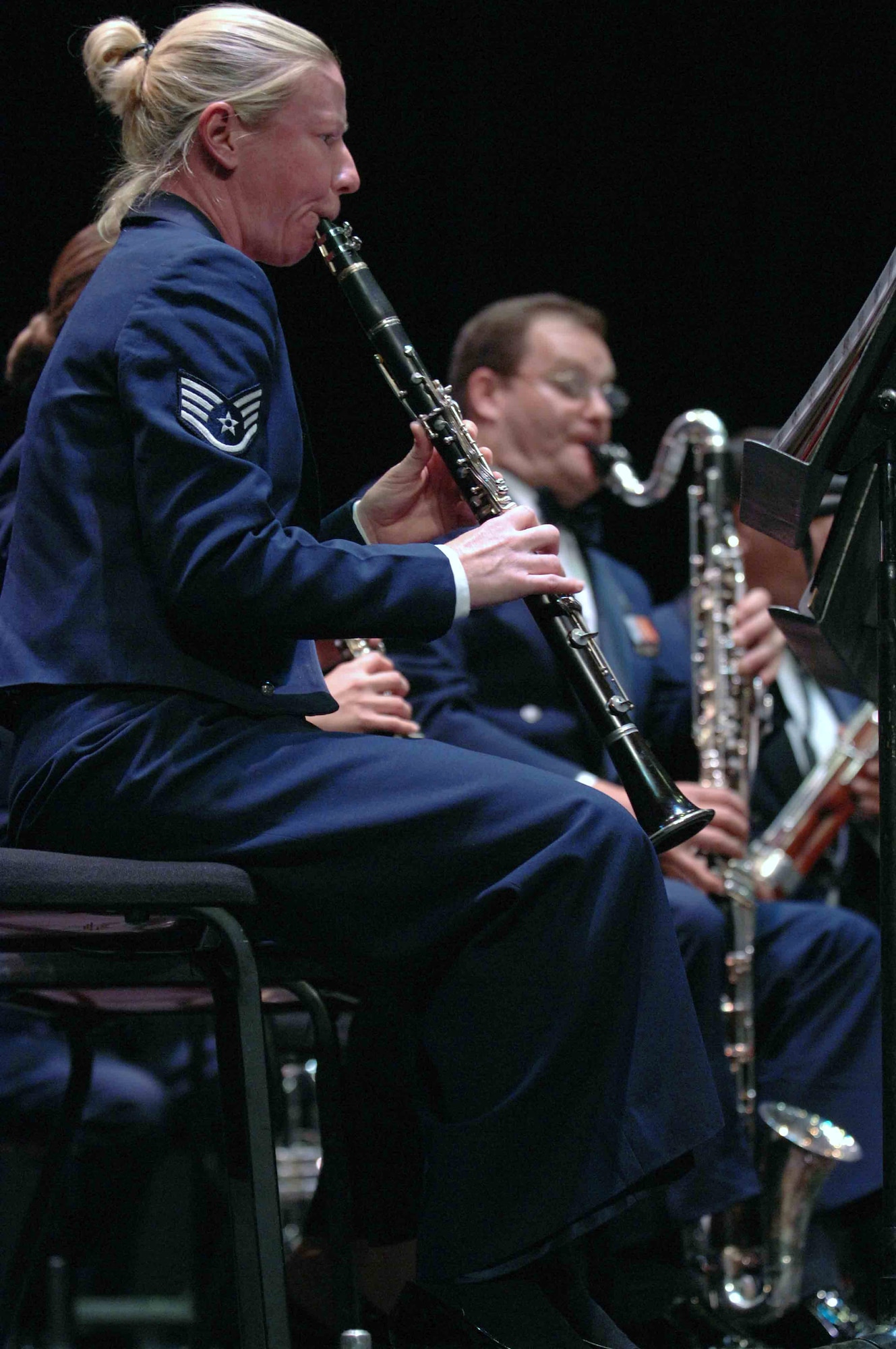 Staff Sgt. Christy Bailes plays the clarinet during an Oct. 17 performance at the University of Nevada Las Vegas. Sergeant Bailes is a member of the United States Air Force Band of the Golden West. The Band of the Golden West, from Travis Air Force Base, Calif., is the only active duty Air Force band west of the Rocky Mountains. They are scheduled to perform five free concerts in the Las Vegas community. The band supports 10 active duty Air Force bases, five Air Force Reserve wings and five recruiting squadrons in California, Washington, Oregon, Idaho and Nevada with more than 500 annual performances. (U.S. Air Force photo/Senior Airman Larry E. Reid Jr.) 
