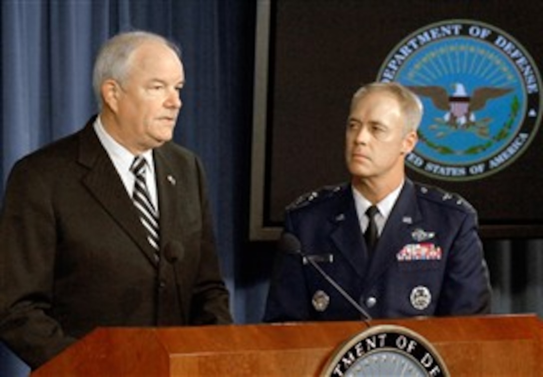 Air Force Secretary Michael W. Wynne, left, and Air Force Deputy Chief of Staff  Maj. Gen. Richard Newton briefed Pentagon reporters Oct. 19, 2007, on an incident involving the mishandling of nuclear weapons. Defense Dept. photo by R. D. Ward 