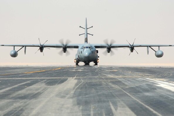 SOUTHWEST ASIA -- An EC-130J Commando Solo aircraft taxis down the runway here Oct. 19.  The EC-130J conducts information operations, psychological operations, and civil affairs broadcasts in AM, FM, HF, TV and military communications bands. (U.S. Air Force photo by Staff Sgt. Tia Schroeder)