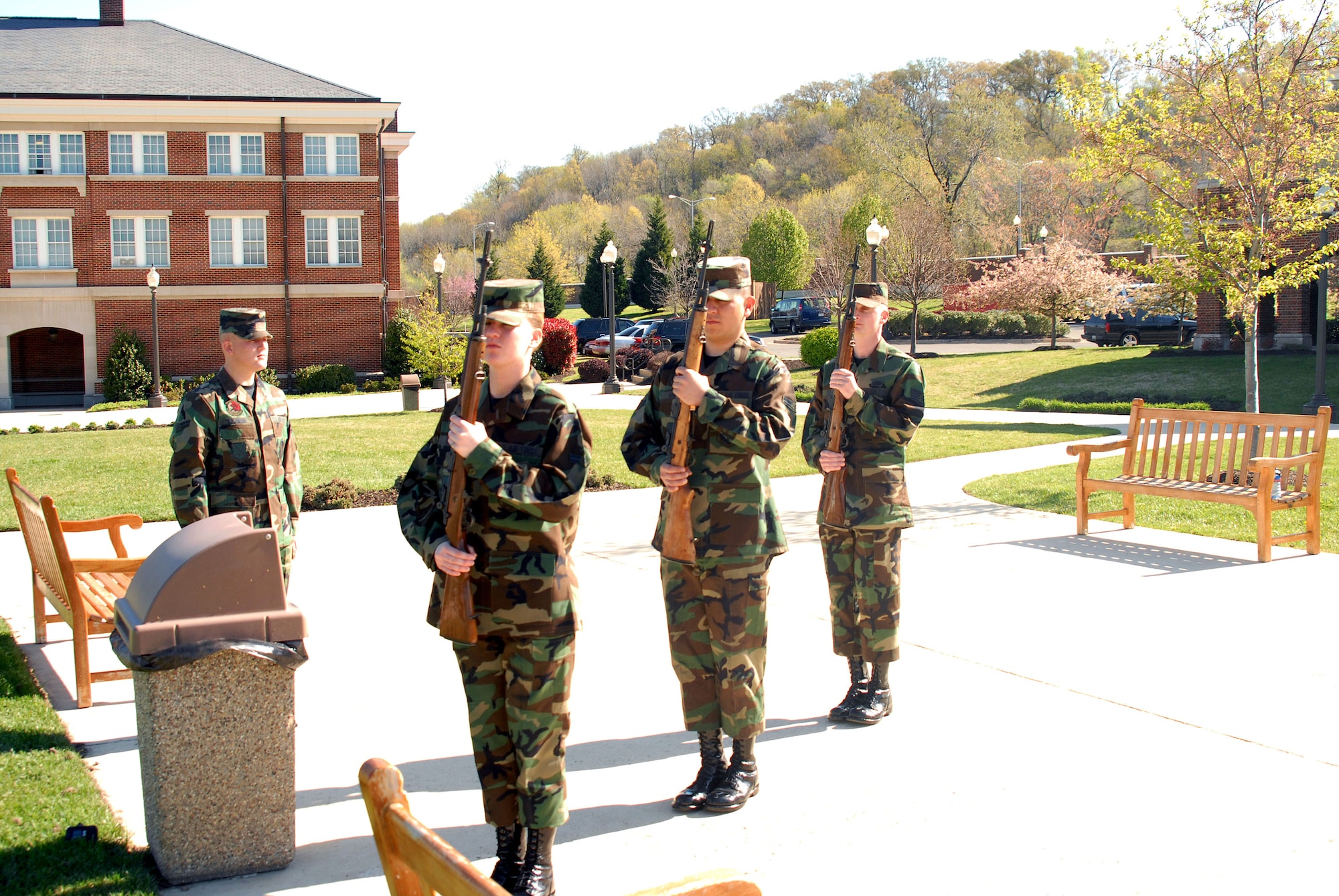 Airmen from the United States Air Force Honor Guard at Bolling Air Force Base, D.C., practice the newly implemented 7-person retiree funeral sequence.  The new sequence was implemented due to manpower shortages and a larger number of retiree funerals than ever before in Air Force history.  (U.S. Air Force photo/Senior Airman David Merrick)