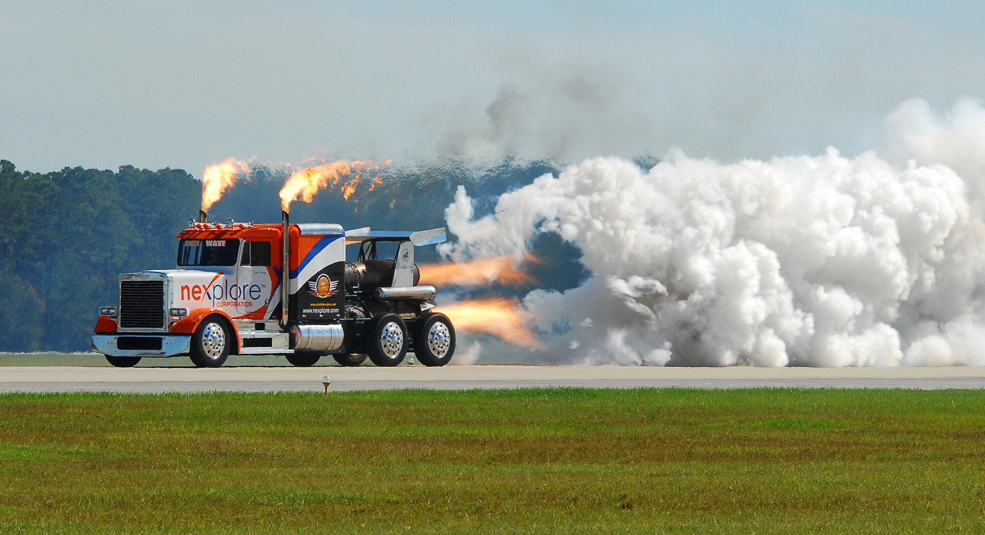 MOODY AIR FORCE BASE, Ga., -- The Shockwave jet truck performs during the Team Moody AirFest 07’ Oct 20.  The three-engine vehicle holds the speed record in a semi truck at 376 miles per hour. (U.S. Air Force photo by Tech. Sgt. Parker Gyokeres)