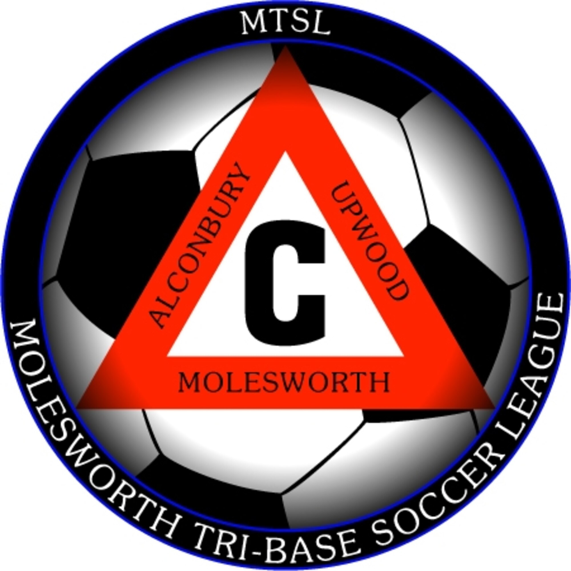 Molesworth Tri-Base Soccer League Logo.  The logo not only reflects the three bases of the tribase area (RAF Molesworth, RAF Alconbury, and RAF Upwood) but in the center carries  the famous "Triangle C" logo of the World War Two 303rd Bomb Group (Heavy) whose B-17 Flying Fortresses flew from Molesworth.  The "Triangle C" was painted on the tails of the B-17s as a unit identifier. The logo was designed by Petty Officer 1st Class Jason Snellings.  (illustration by Staff Sgt. Scott R. Tooley)