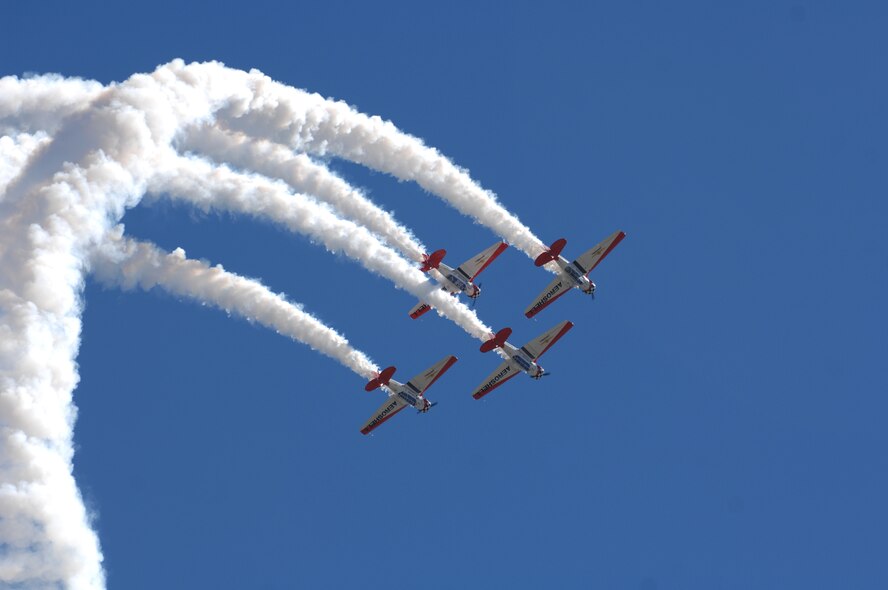 MOODY AIR FORCE BASE, Ga.-- The AeroShell Aerobatic Team flies during an air show here on Oct. 20. The team flies four World War II era T-6 Texan trainers through a series of precision formation aerobatic maneuvers. (U.S. Air Force photo by Airman First Class Brittany Barker)