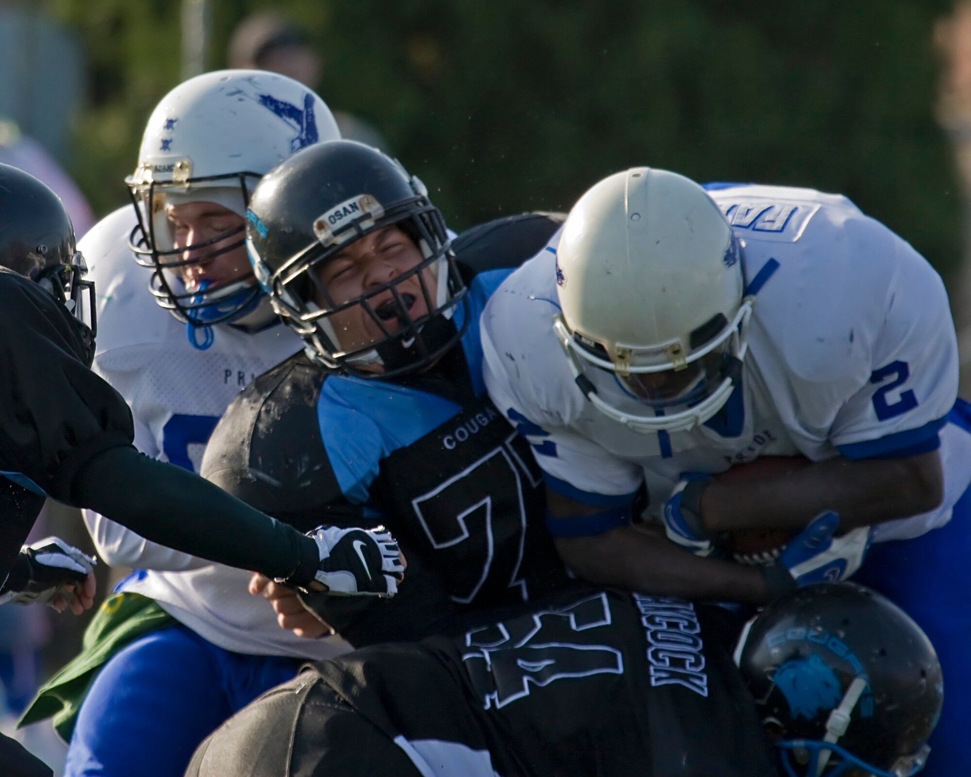 OSAN AIR BASE, Republic of Korea -- Jonathan Carr,  No. 77 of Osan American High School,  tackles a Falcon during a 24-0 loss to Seoul American High School at Yongsan Garrison, Republic of Korea. (U.S. Air Force photo by Master Sgt. Benjamin Huseman) (Released)
