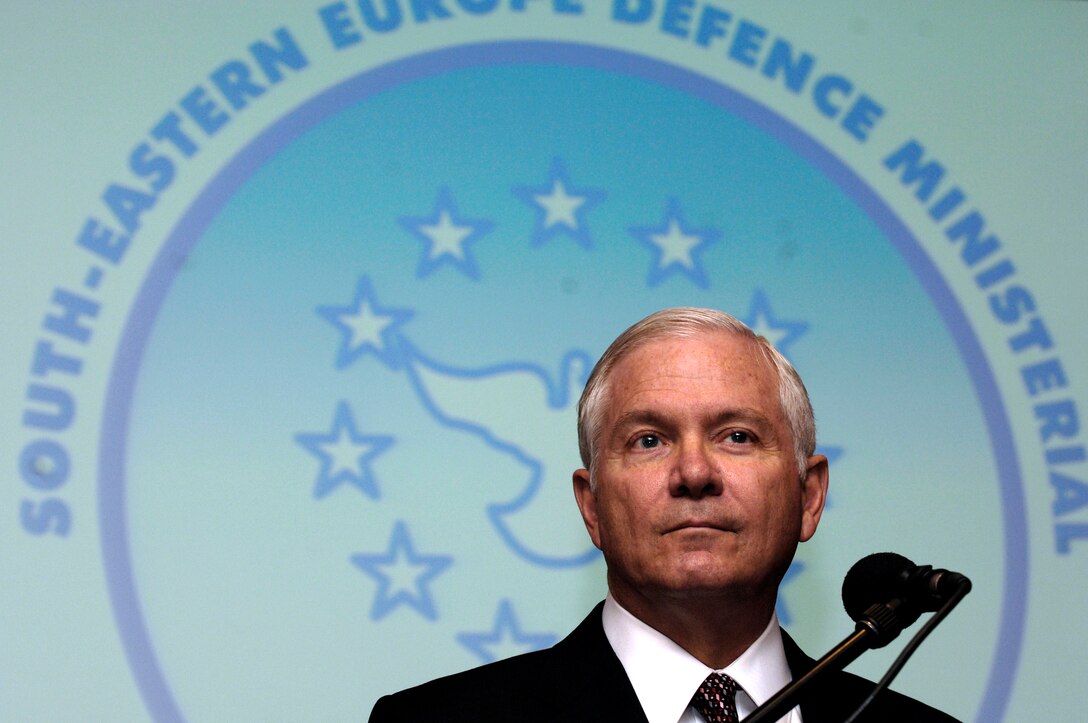 Defense Secretary Robert M. Gates listens to a reporter's question during a press conference at the Southeast European Defense Ministerial, in Kyiv, Ukraine, Oct. 22, 2007. 
