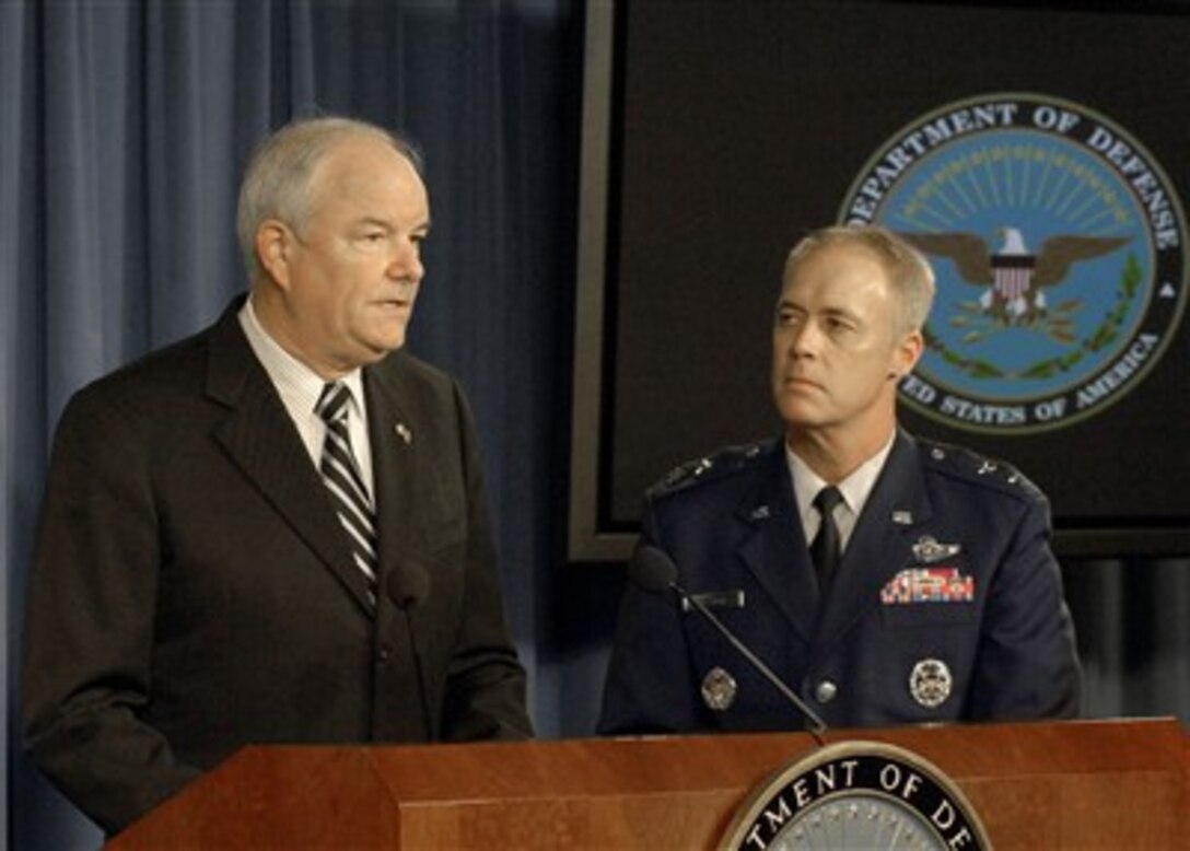 Secretary of the Air Force Michael W. Wynne (left) and Assistant Deputy Chief of Staff for Operations, Plans and Requirements Maj. Gen. Richard Newton, U.S. Air Force, conduct a press conference in the Pentagon on Oct. 19, 2007.  Wynne and Newton briefed the press on the incident that occurred on Aug. 30, 2007, involving the mishandling of weapons at Minot Air Force Base, N. D.  