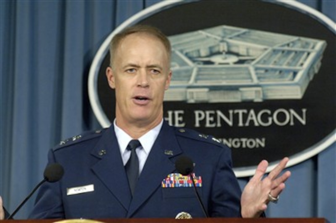 Assistant Deputy Chief of Staff for Operations, Plans and Requirements Maj. Gen. Richard Newton, U.S. Air Force, briefs reporters in the Pentagon on Oct. 19, 2007, about what is known concerning an incident involving the mishandling of weapons at Minot Air Force Base, N. D., on Aug. 30, 2007.  