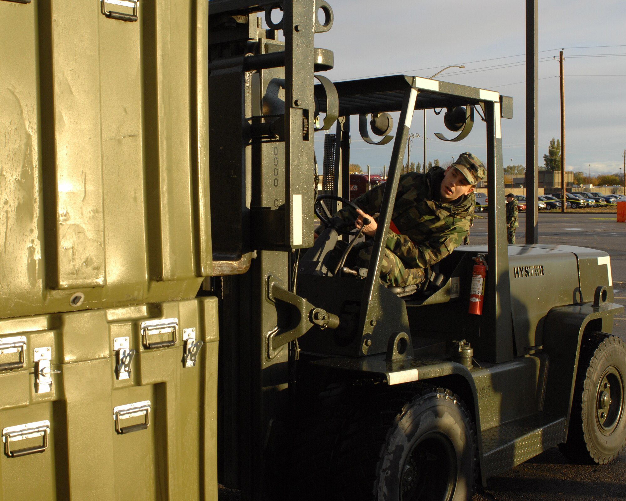 MOUNTAIN HOME AIR FORCE BASE, Idaho -- Airman 1st Class Joal Stalnecker, 366th Medical Group, prepares crates for transportation here Oct. 20 during an exercise scenario. Gunfighters are participating in Sharpshooter Exercise 08-01 in preparation for the March 2008 operational readiness inspection. (U.S. Air Force photo/ Airman 1st Class Ryan Crane)