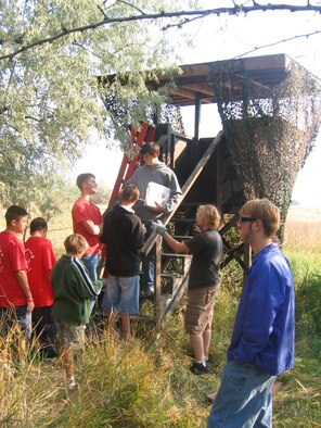 FAIRCHILD AIR FORCE BASE, Wash. – Scout Mario Tedesco briefs volunteers on work needing to be done on the wildlife viewing stand here. About 20 volunteers, including fellow scouts, parents and friends, helped Mario complete his Eagle Scout project, which can now be enjoyed by the base populace for years to come. (U.S. Air Force courtesy photo)