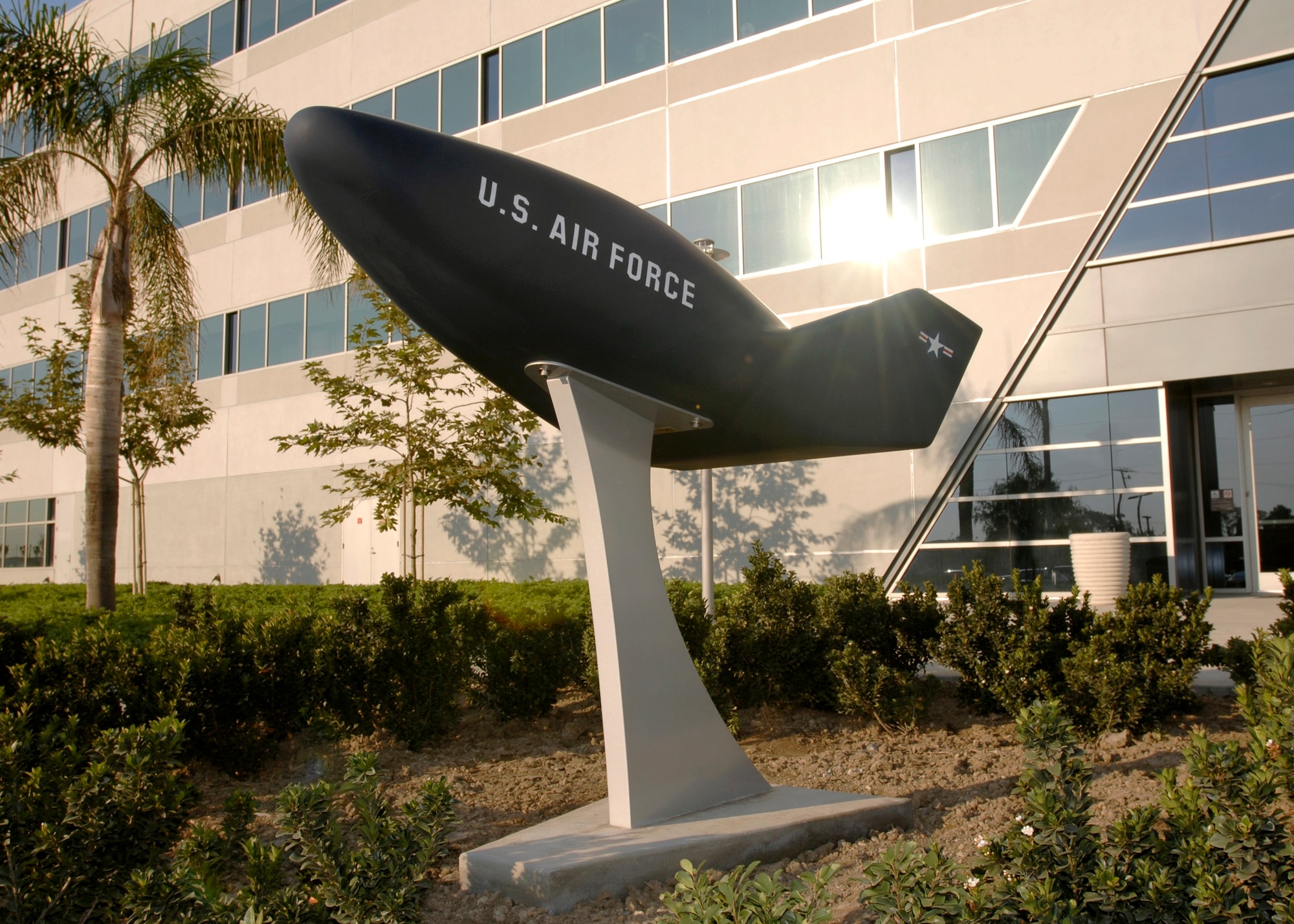 A replica of a SV-5D lifting body was recently installed in front of Bldg. 270.  Originally developed for SMC’s predecessor the Space and Missile Systems Organization’s Project Prime, the lifting body was the first vehicle to maneuver on reentry from space. Information gathered from this program aided in the development of future Air Force and NASA lifting body vehicles including NASA’s Space Shuttle. The replica was presented to SAMSO in 1974 by the Junior Officers Council. (Photo by Lou Hernandez)