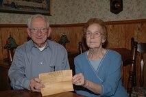 NILES, Ohio — Married for 64 years, Mr. and Mrs. Fred Kubli Jr. have supported many organizations in their community including the 910th Airlift Wing. The Kubli’s have volunteered countless hours of their time for the benefit of all members of the wing. Here they share a telegraph Fred sent to LaVerne from wartime Germany letting her know he was alright. U.S. Air Force photo/Master Sgt. Bryan Ripple