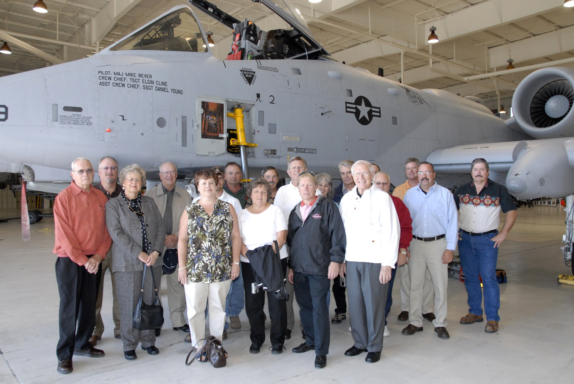 A delegation from Lincoln, Mo., visits the 442nd Fighter Wing Oct. 16, 2007, to see A-10, number 109, designated the "Thunderbolt of Lincoln."  The delgation, led by Liconln Mayor Glenn Nelson, received a mission briefing and enjoyed a static display of the A-10 Thunderbolt II named for their city.  Almost all of the 442nd FW's A-10s are named for cities in western and central Missouri that are part of the Whiteman Air Force Base Community Council.  The 442nd is an Air Force Reserve Command unit, whose roots go back to 1943, when the 442nd Troop Carrier Group stood up at what was then Sedalia Army Airfield, Mo.  (U.S. Air Force photo/Maj. David Kurle)