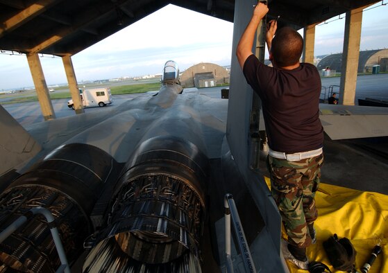Senior Airman David Gomez, 44th Aircraft Maintenance Unit, removes a rudder bushing from the tail of an F-15C Eagle here Oct. 23.  The maintainers are supporting training missions based on real-world scenarios as part of Local Operational Readiness Exercise Beverly High 08-1.  (U.S. Air Force photo/Tech. Sgt. Rey Ramon)

