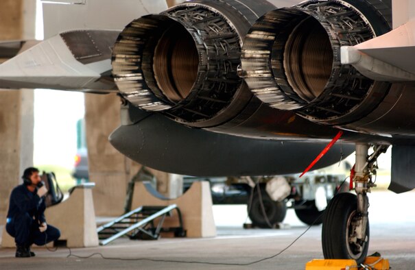 Staff Sgt. Jorge Arellano from the 18th Aircraft Maintenance Squadron checks the flight controls of an F-15C Eagle before take-off here Oct. 23.  The maintainers are supporting training missions based on real-world scenarios as part of Local Operational Readiness Exercise Beverly High 08-1.  (U.S. Air Force photo/Tech. Sgt. Rey Ramon)