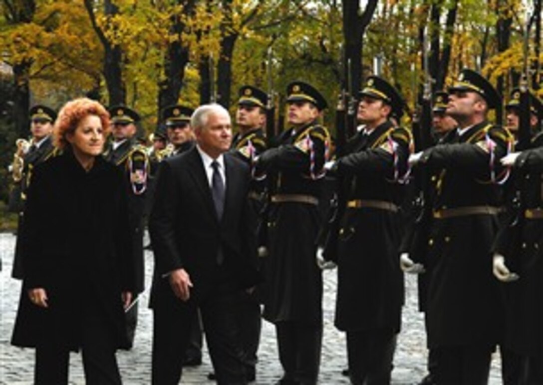 Defense Secretary Robert M. Gates and the Defense Minister of the Czech Republic H.E. Mrs. Vlasta Parkanova review the troops during an arrival ceremony at the Ministry of Defense in Prague, Czech Republic, Oct. 23, 2007. 