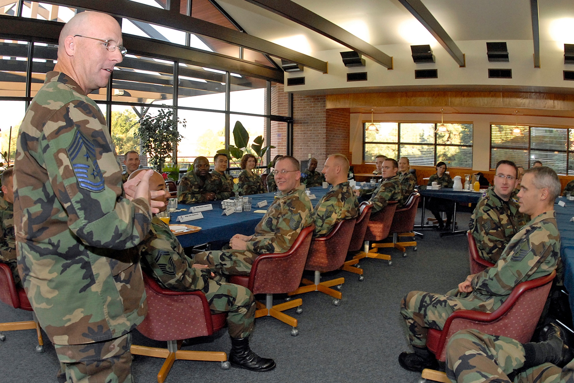 Chief Master Sgt. Thomas Narofsky, the new 14th Air Force command chief master sergeant, visited 21st Space Wing Airmen Oct. 17 and 18. Chief Narofsky spoke about the many issues facing Airmen in today’s Air Force. (U.S. Air Force photo by Rob Bussard)