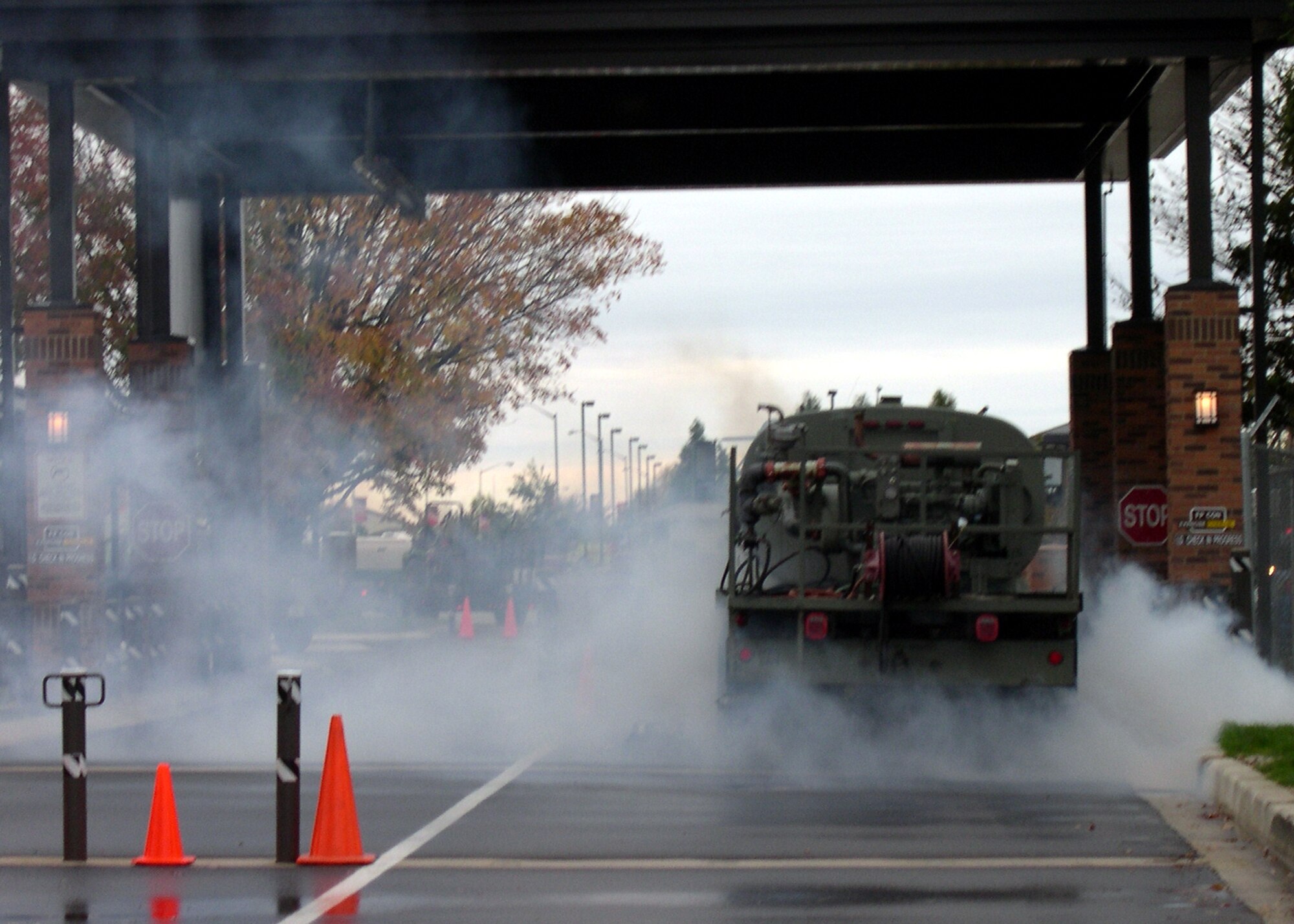 GRISSOM AIR RESERVE BASE, Ind., -- A 'smoldering tanker truck' sits at the main gate. The simulation of an exploding truck kicked off an exercise on the base Oct. 23, and Grissom personnel took actions to deal with the situation and simulated 'injuries' that occurred. (U.S. Air Force photo/ Master Sgt. Les McConnell)