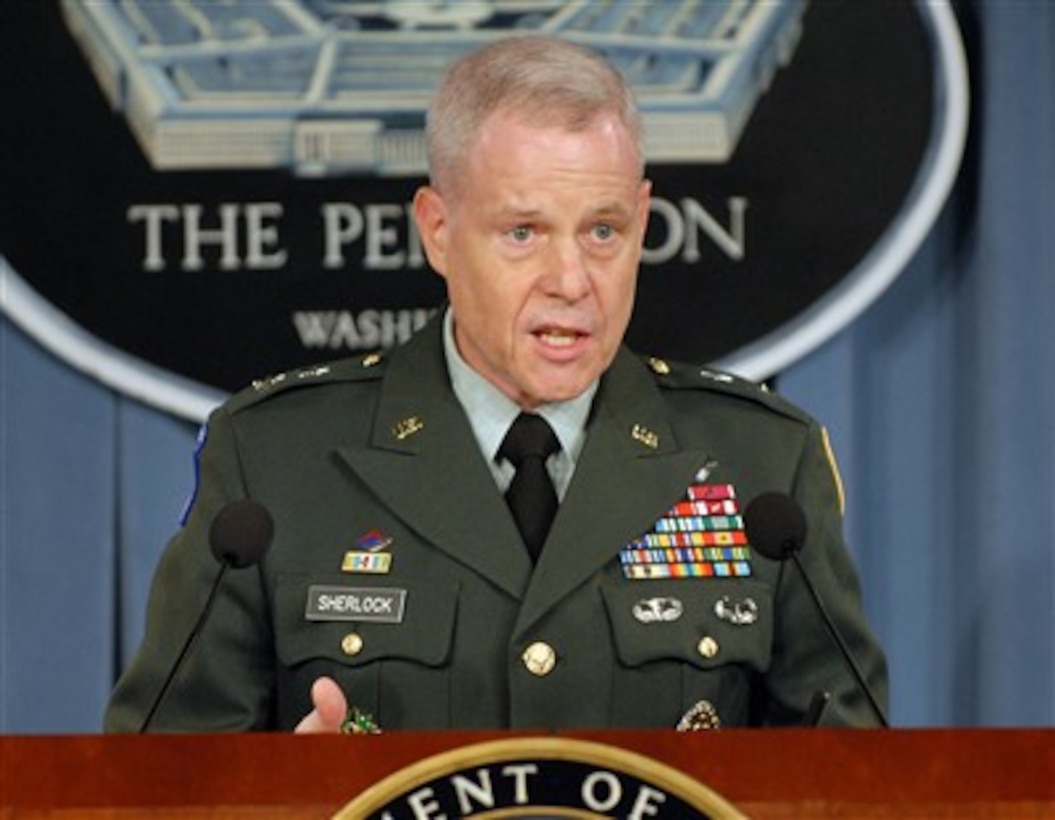 Joint Staff Director for Operational Planning Maj. Gen. Richard Sherlock answers a reporter's question during an operational update press briefing in the Pentagon on Oct. 24, 2007.  