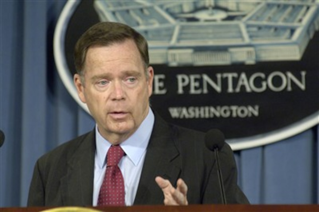Assistant Secretary of Defense for Homeland Defense Paul McHale conducts a press briefing at the Pentagon to update reporters on the assistance being rendered by the DoD to the state of California in response to the devastating wildfires sweeping through the southern portion of that state on Oct. 23, 2007.  