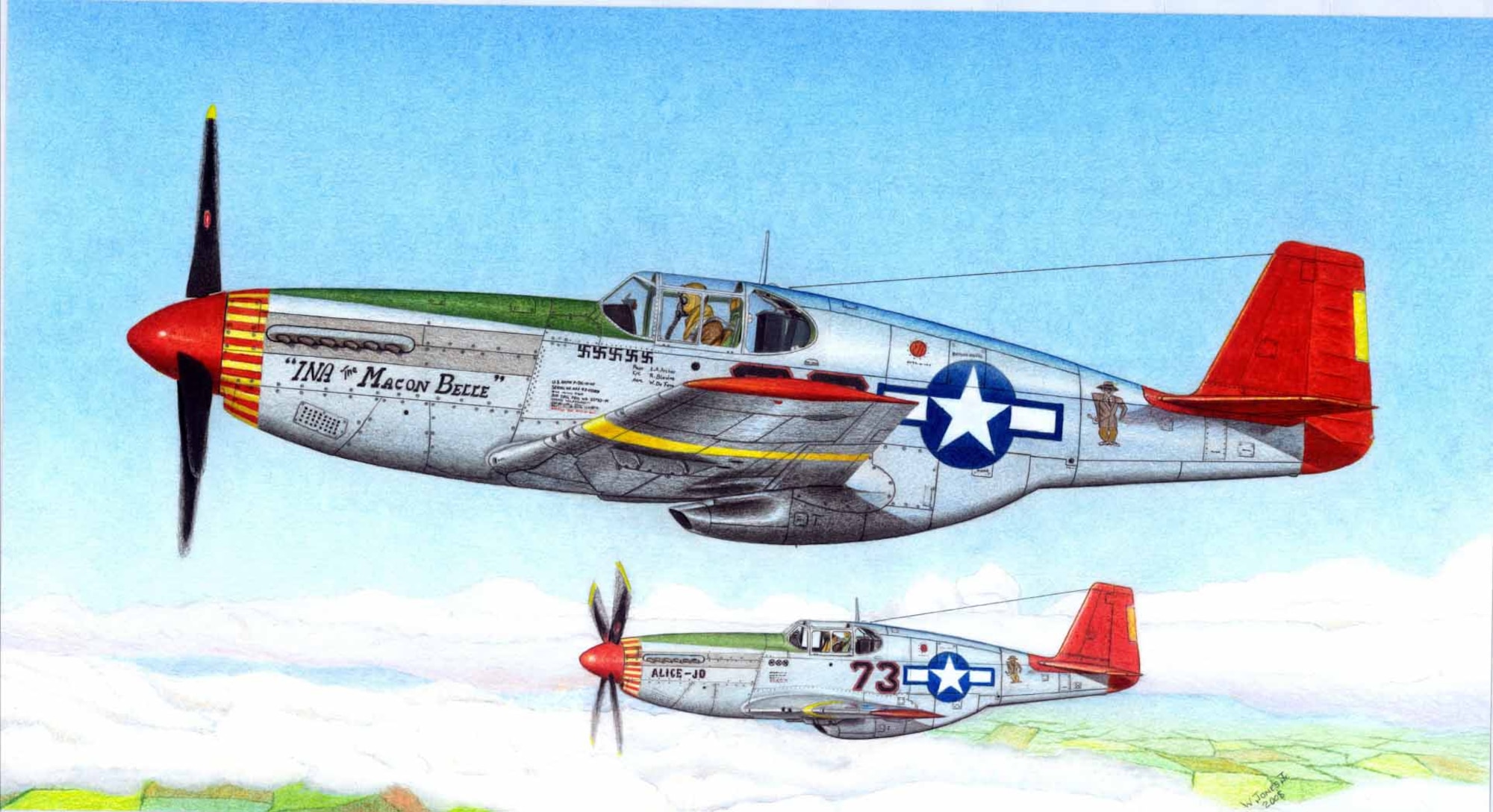 P-51C bomber escort, built in the 1940s and powered by a Rolls Royce Merlin engine. "Ina the Macon Belle," in the foreground, was named and flown by Lt. Col. Lee Archer. (Art provided by Master Sgt. Willie Jones Jr.)