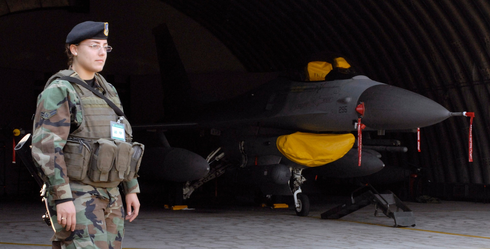 Airman 1st Class Ivelisse Gonzalez provides security for an F-16 Fighting Falcon Oct. 24 during the Buddy Wing program held at Jungwon Air Base, South Korea. Airman Gonzalez is assigned to the 8th Security Forces Squadron at Kunsan AB, South Korea. The Buddy Wing program is a way for U.S. Air Force and South Korea air force to develop teamwork, exchange ideas and improve war time tactics. (U.S. Air Force photo/Senior Airman Steven R. Doty) 