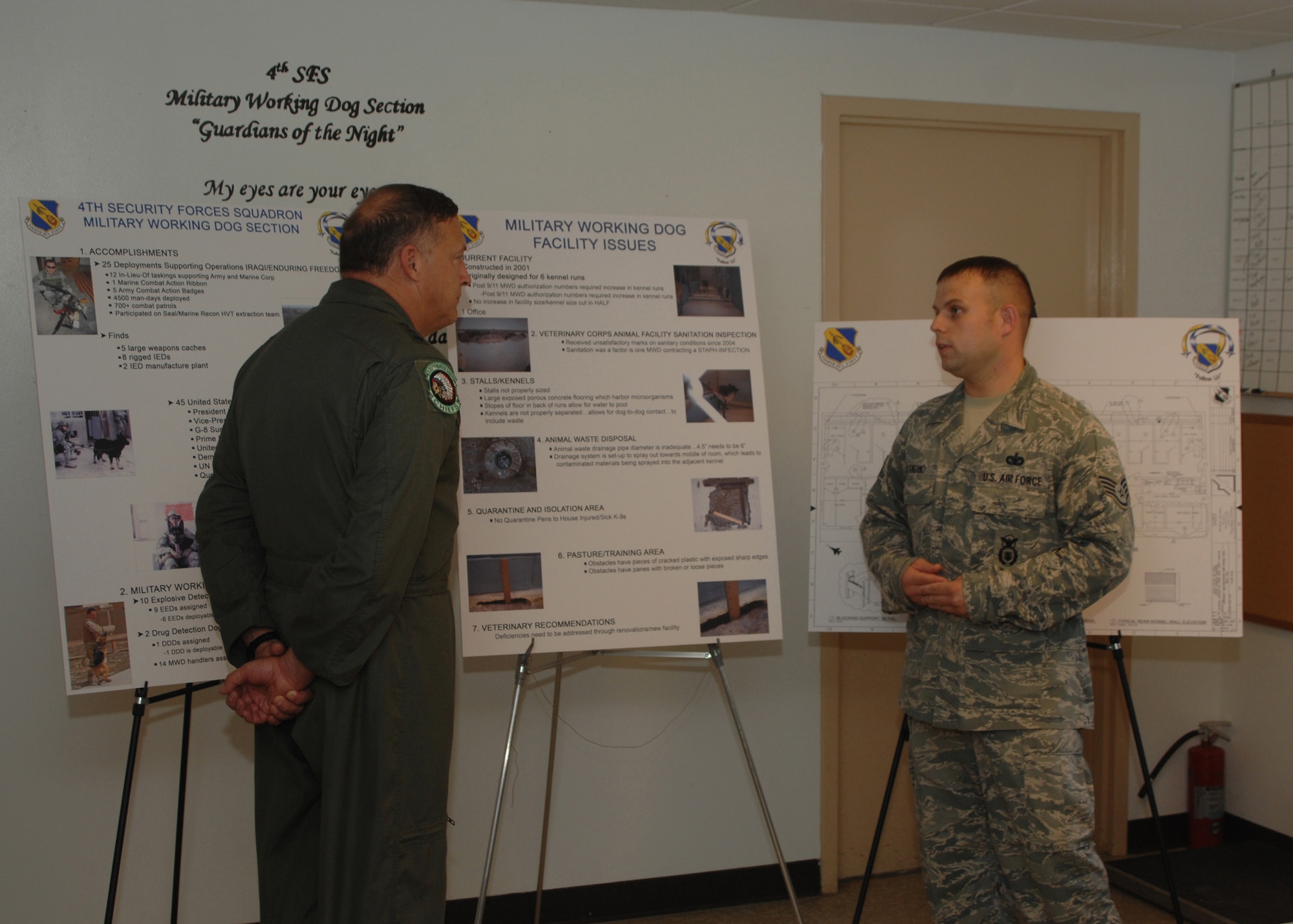 SEYMOUR JOHNSON AIR FORCE BASE, N.C. - Staff Sergeant Thomas Blandino, 4th Security Forces squadron, talks to Lieutenant General Gary L. North about the building project for the 4th Security Forces K-9 unit on October 19, 2007. The building of the new facility breaks ground in October of 2008. (U.S. Air Force photo by A1C Jonathon Williams)(released)