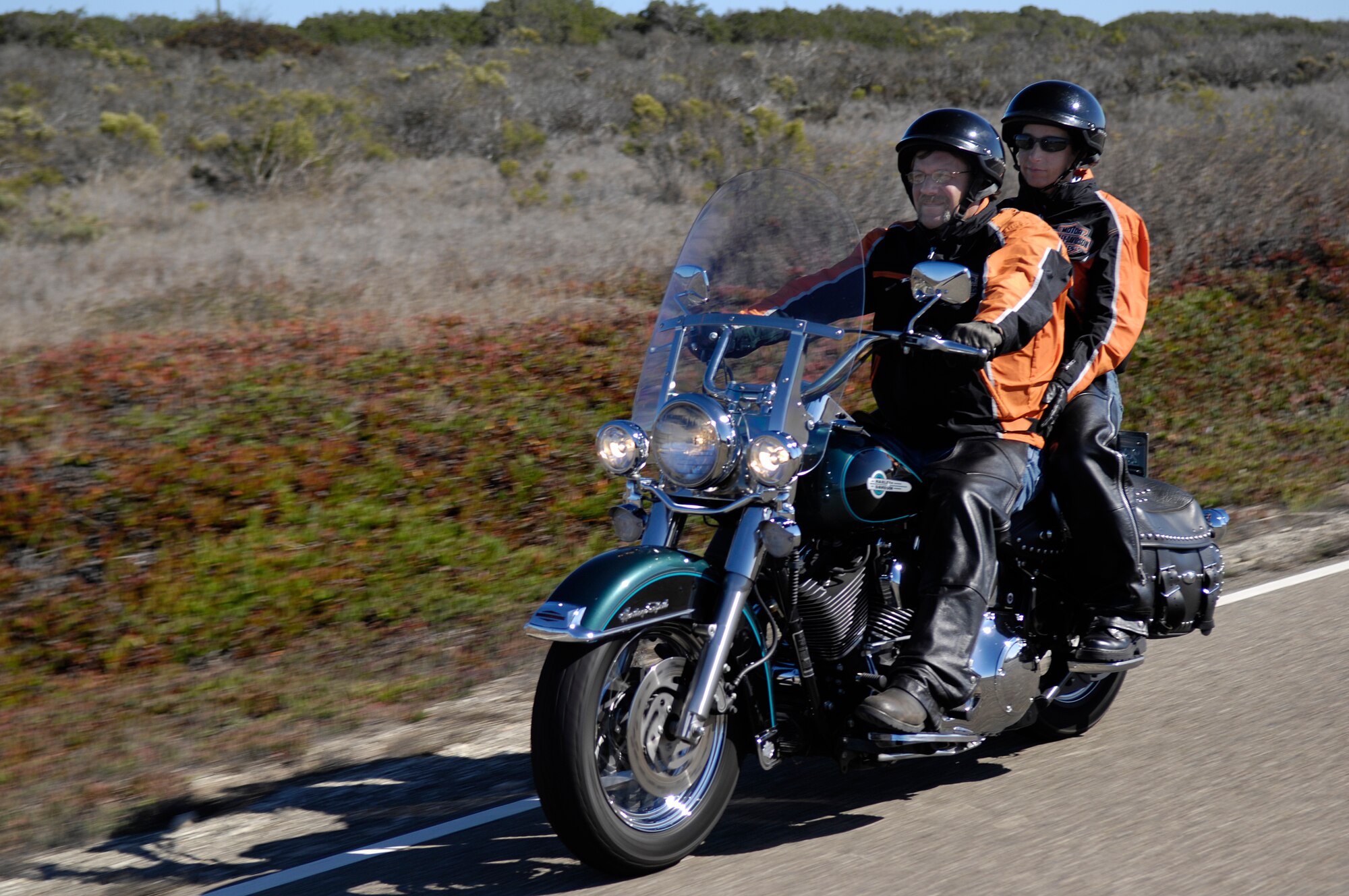 30th Space Wing Command Chief Master Sgt. Cari Kent and her husband, Larry, take a motorcycle ride down the Vandenberg AFB coastline. (Photo by Staff Sgt. Denoris Mickle)