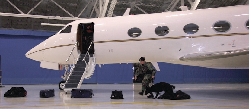 Staff Sgt. Jessica Regnier, 316th Security Forces Squadron Military Working Dog handler, and Biba, simulate searching for explosives through a line of luggage during a demonstration inside hangar four on Sept. 25. The Raven Team's mission is to provide security for all special air missions carrying the President, Vice President and other senior government leaders during their official travel. (US Air Force/SSgt Suzanne Day)