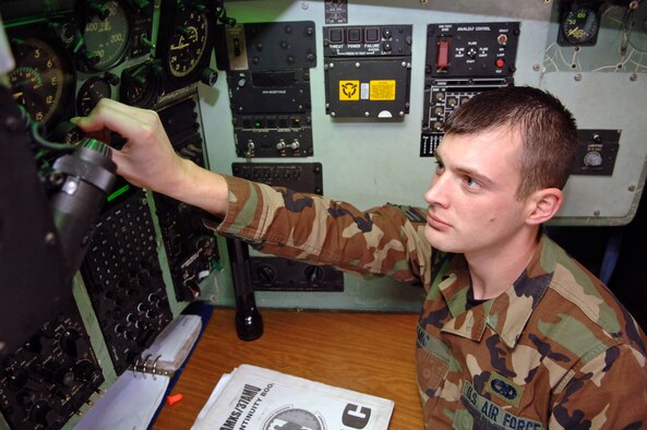 Senior Airman Daniel Amic, 86th Aircraft Maintenance Squadron guidance and control avionics technician, performs operational checks to navigational compasses in a 1963 C-130E Hercules on Ramstein Air Base, Germany, Oct. 25. The maintenance of these aircraft is very important because they are utilized on a regular basis. (U.S. Air Force photo/Airman 1st Class Marc I. Lane)