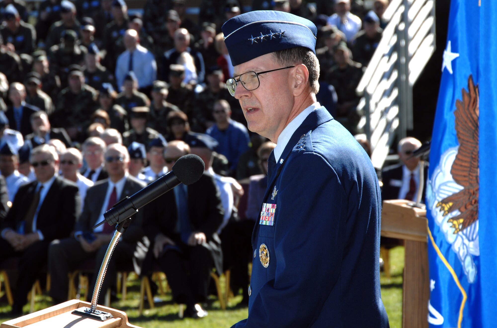 Gen. C. Robert "Bob" Kehler took charge of Air Force Gen. C. Robert "Bob" Kehler speaks Oct. 24 after assuming command of Air Force Space Command at Peterson Air Force Base, Colo. "Space capabilities have shaped the American way of warfare in the 21st century, just like airpower did in the 20th," the general said after assuming command. (U.S. Air Force photo/Duncan Wood) 