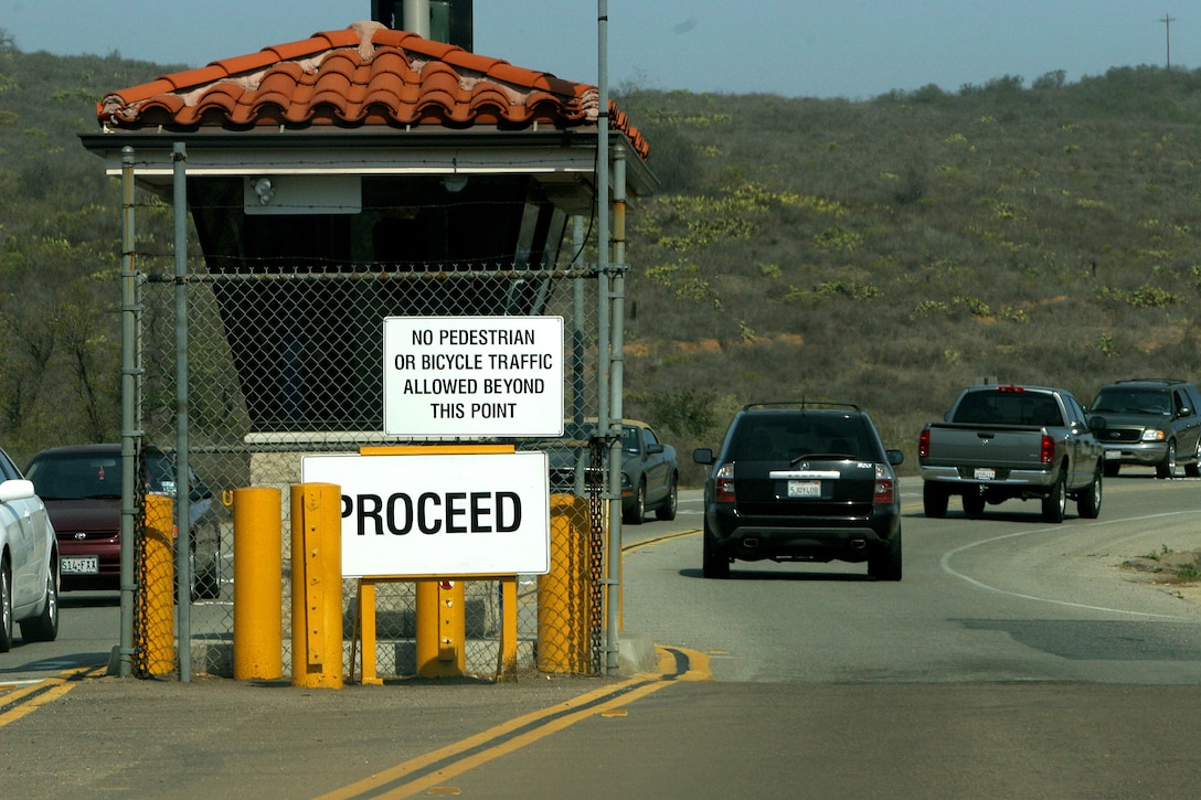 U.S. Marines leave Camp Pendleton, Calif., through the Fallbrook Gate to head to their homes after being evacuated from the base on Oct. 22, 2007, due to the California wildfires.