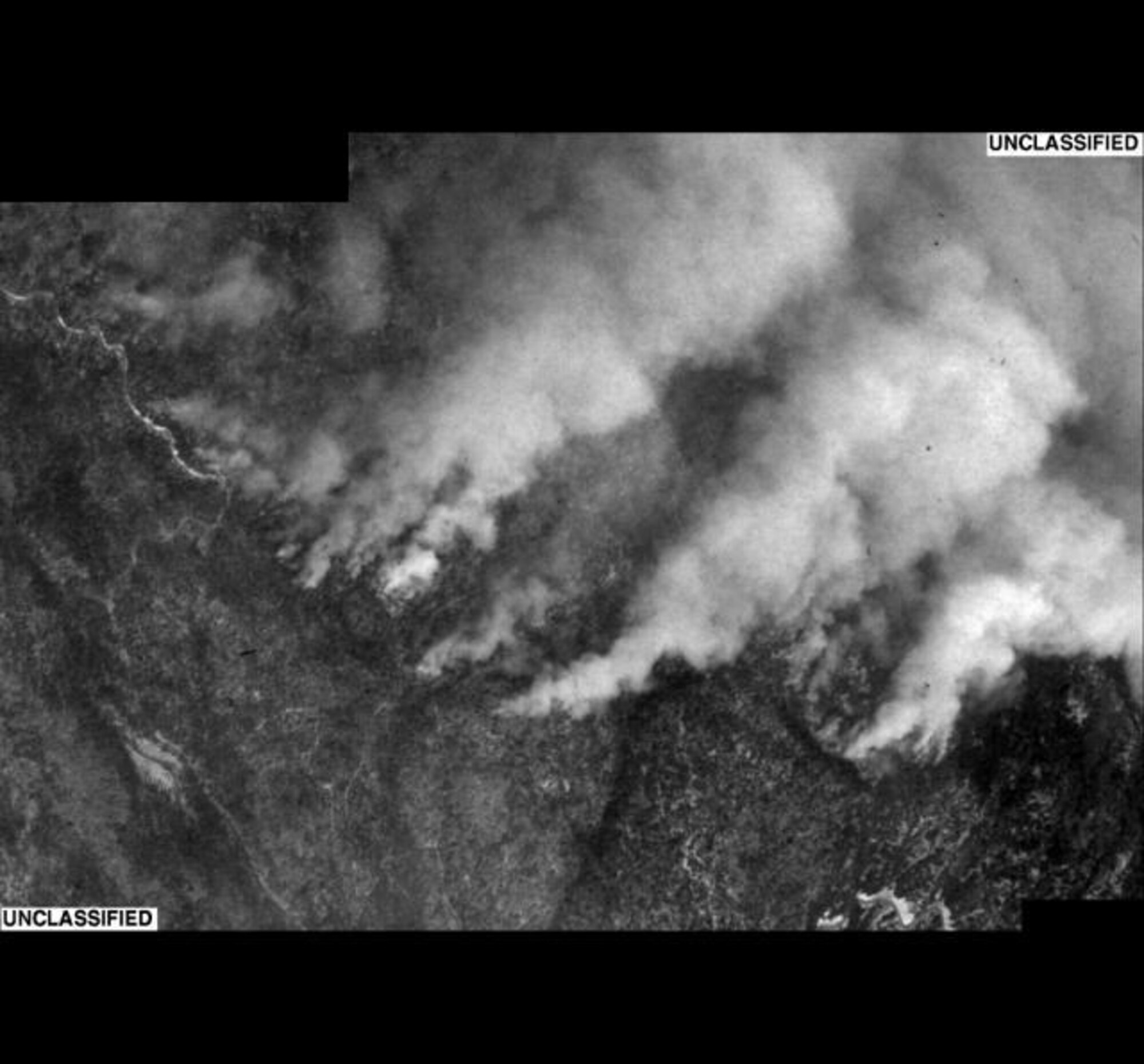 This is an image taken by a U.S. Air Force U-2 from the 9th
Reconnaissance Wing at Beale AFB in support of the Southern California
firefighting effort. The film from the camera is processed and analyzed
by 480th Intelligence Wing imagery analysts at Beale. This image shows
an overview of the Grass Valley fire line Oct. 25.


