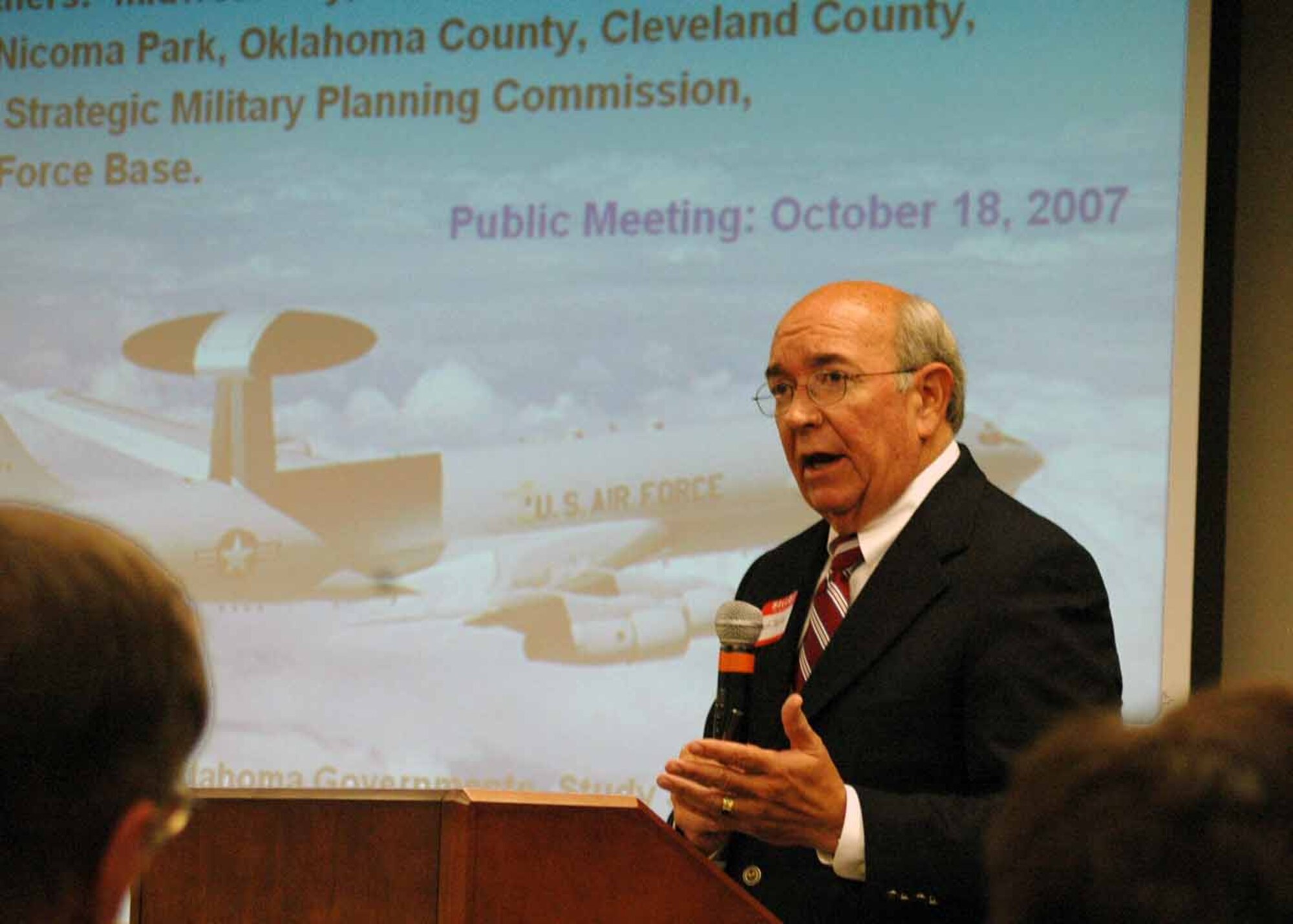 Zach Taylor, president of the Area Council of Governments, talks about the importance of the Joint Land Use Study during a town meeting Oct. 18 in Midwest City. (Air Force photo by Ralph Monson)
