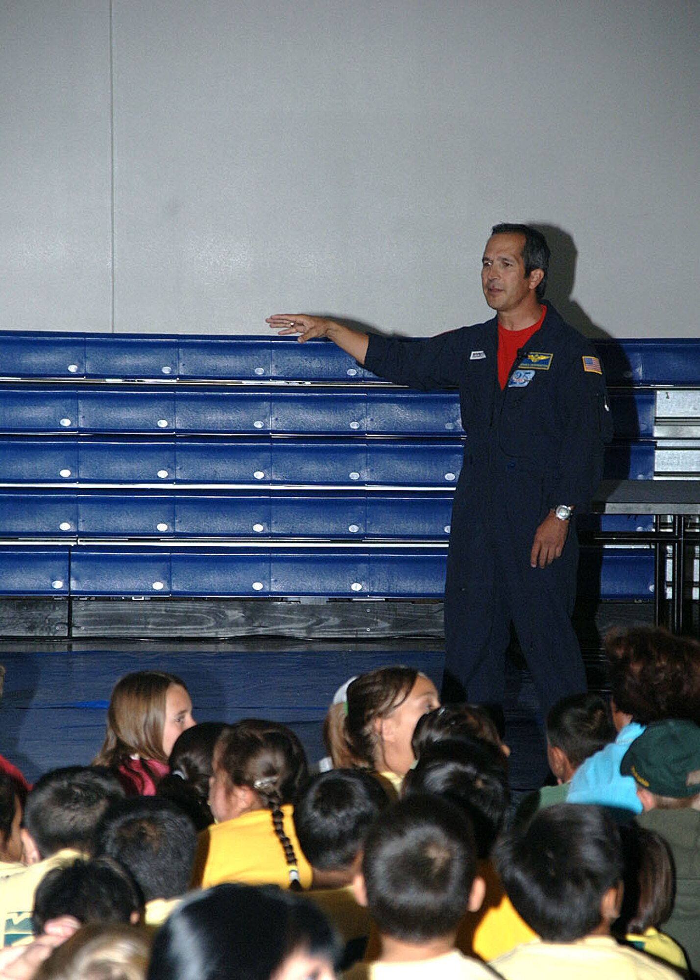 Former NASA astronaut, John Harrington, speaks to the multitude of children that attended Education Day on, Oct 26, 2007 at Holloman Air force Base, Nm during the Holloman Air and Space Expo. The Holloman Air and Space Expo is a showcase of Air Force capabilities, the 49th Fighter Wing mission, and the X Prize Foundation.(US Air Force photo by Airman First Class Tiffany AM Trojca)