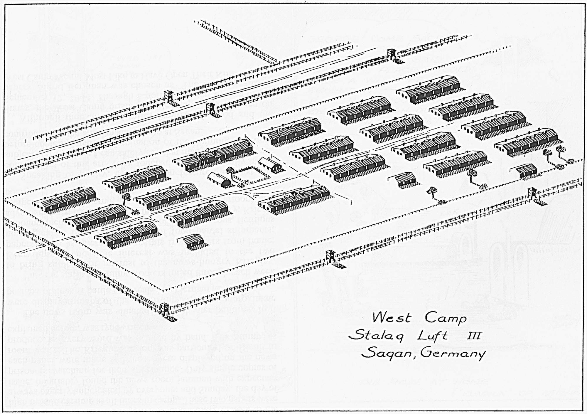 A sketch of the west compound at Stalag Luft III, one of six compounds used to hold allied prisoners of war. More than 10,000 officer Airmen, including more than 6,800 American officers, were held at the camp until the Russian push into eastern Germany forced an evacuation of the prisoners by foot at midnight on Jan. 28, 1945 during a blizzard. The German Luftwaffe personnel running the camp were determined to prevent the liberation of the highly-trained Airmen by the rapidly advancing Russian Army and forced the prisoners to walk more than 62 miles in six days to other POW  camps.  (Courtesy of the Bob Neary Estate)