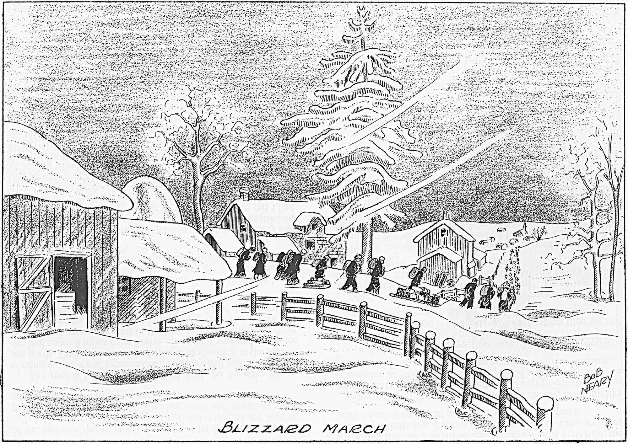 A sketch of the forced march from Stalag Luft III in January 1945.  World War II was drawing to a close and so was the captivity of the American Airmen held by the German military.  (Courtesy of the Bob Neary Estate)